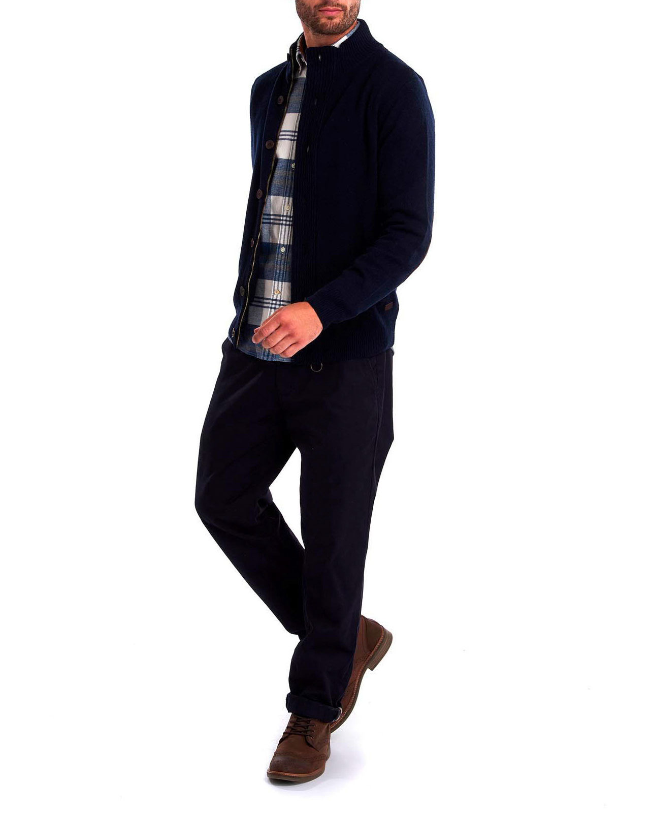 Maglione Barbour blu in pura lana con doppia chiusura zip e bottoni