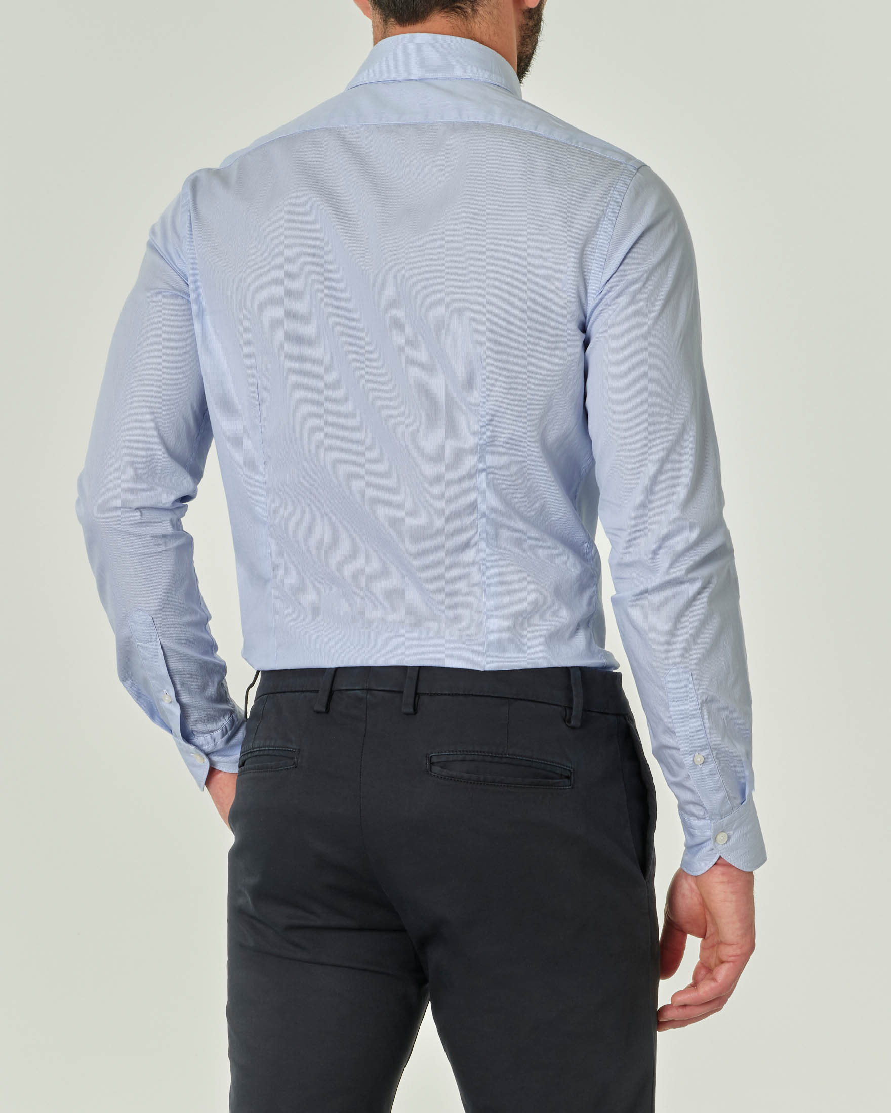 Camicia azzurra in puro cotone micro riga con collo alla francese