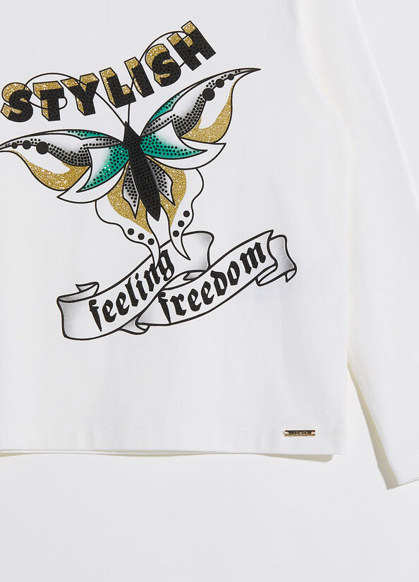 T-shirt bianca manica lunga con stampa farfalla e scritte 3D con applicazioni strass e glitter 10-14 anni