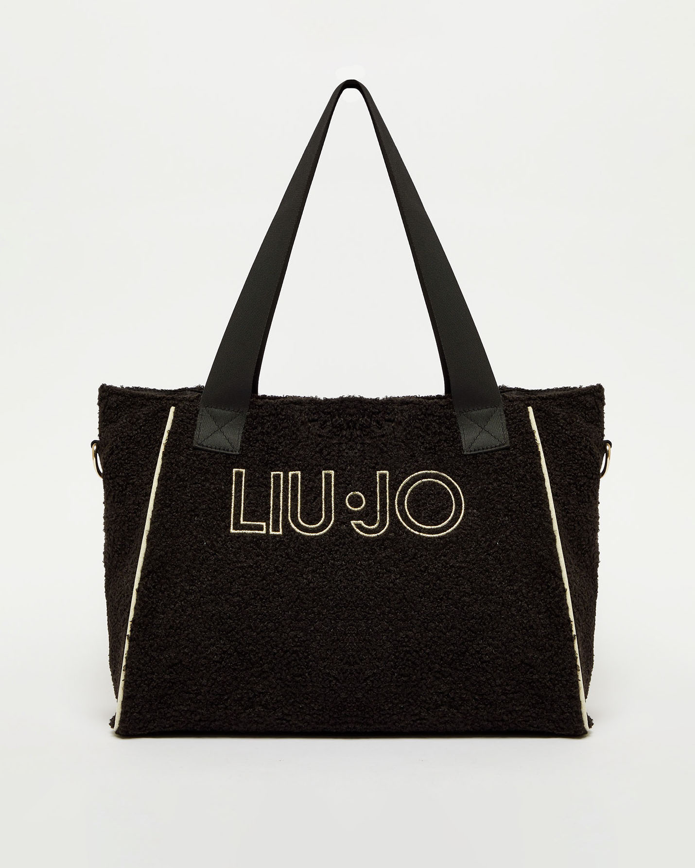 Shopping bag nera in tessuto teddy con maxi logo dorato ricamato