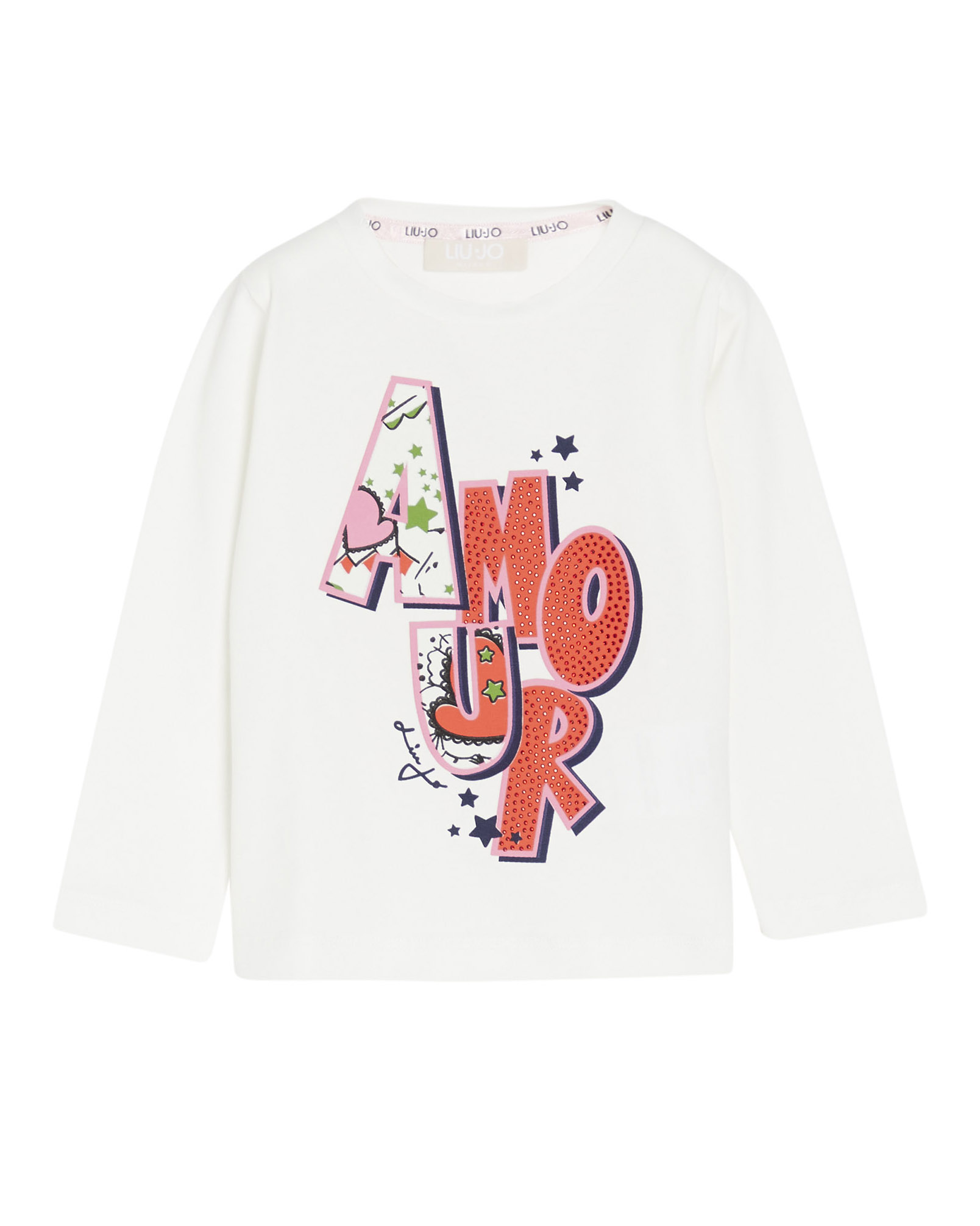 T-shirt bianca a manica lunga in cotone stretch con stampa grafica e strass 3-7 anni
