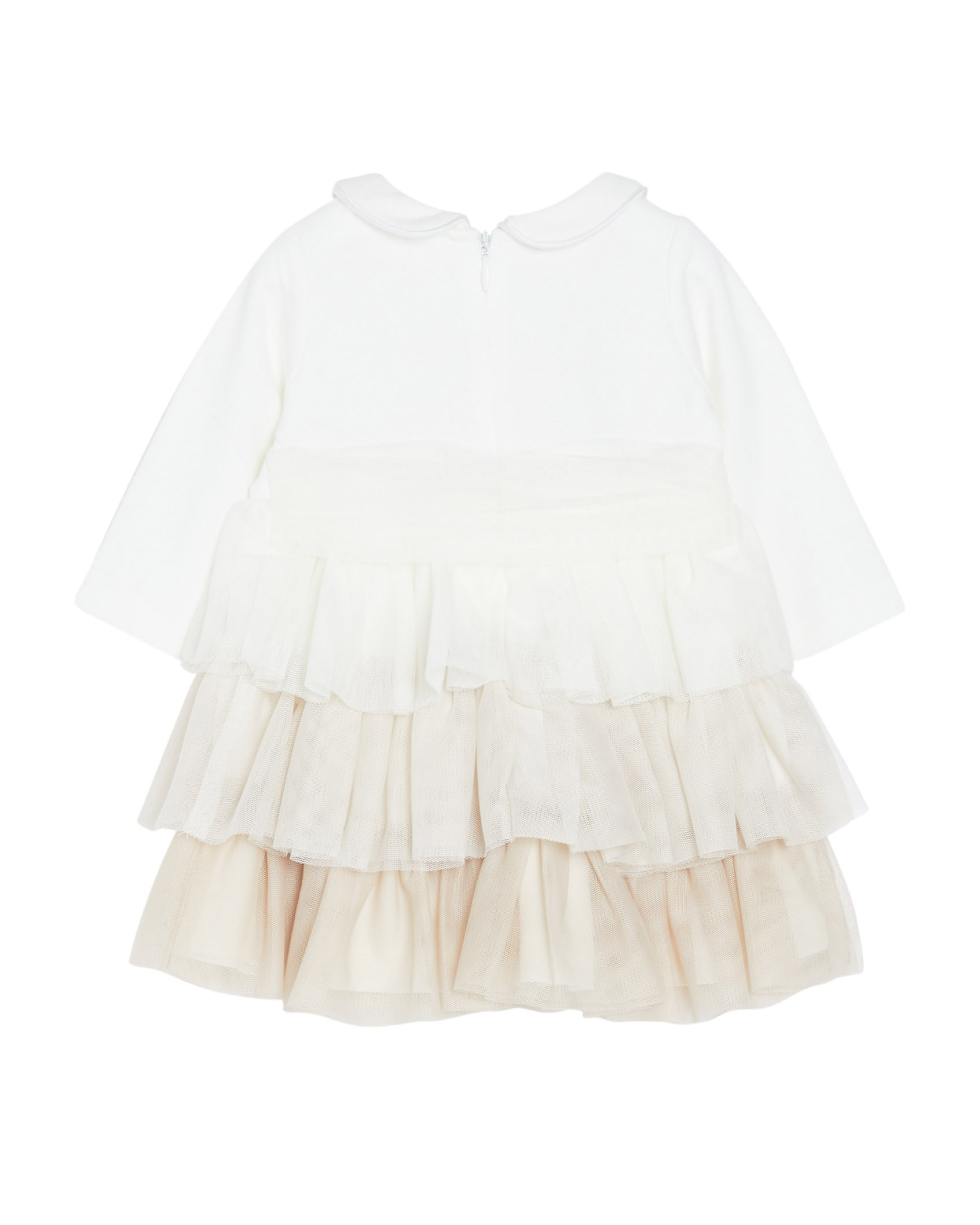 Abito bianco a manica lunga con colletto a camicia e balze in tulle 6-18 mesi
