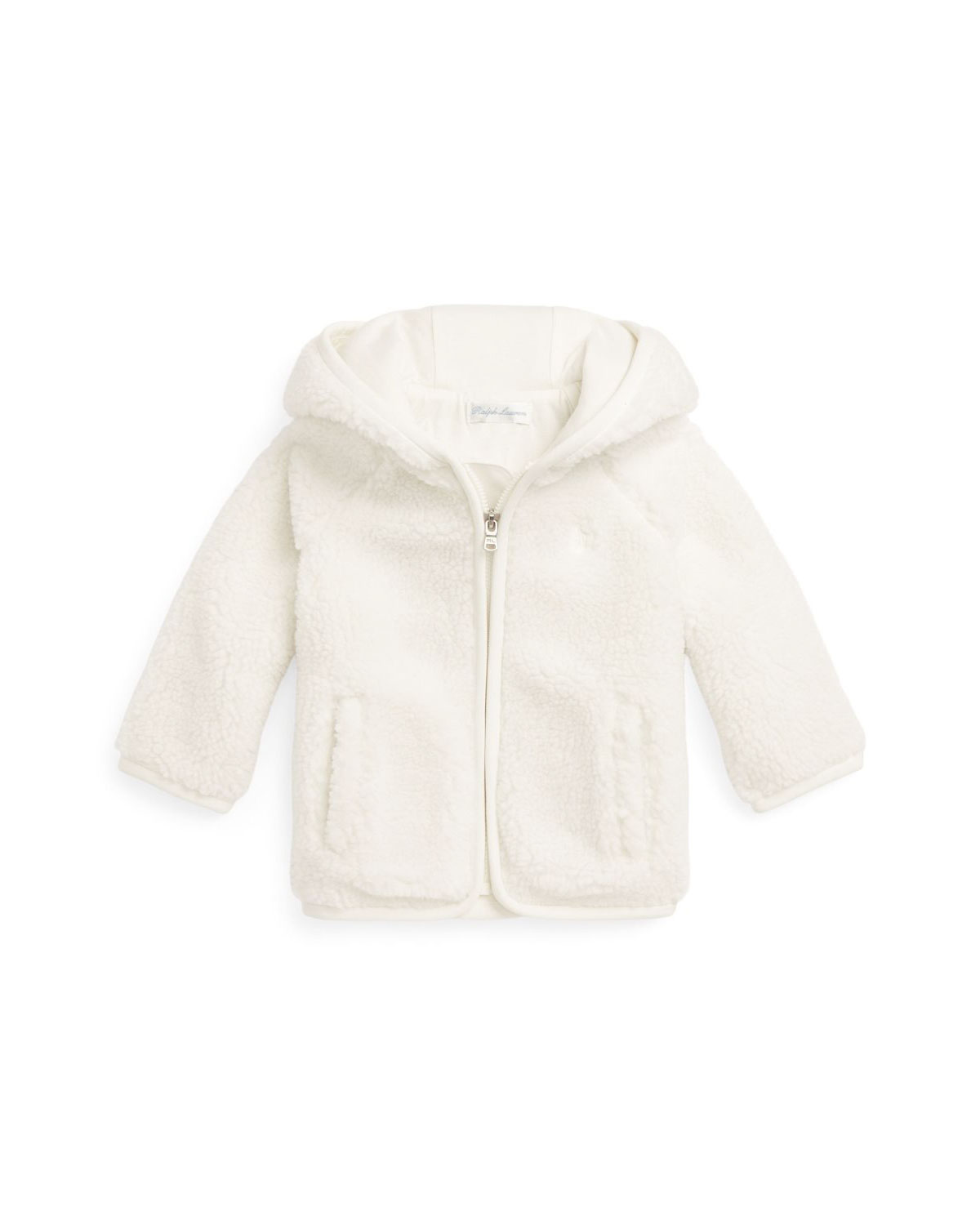 Giacca Ralph Lauren orsetto bianca con chiusura zip e cappuccio con orecchiette 