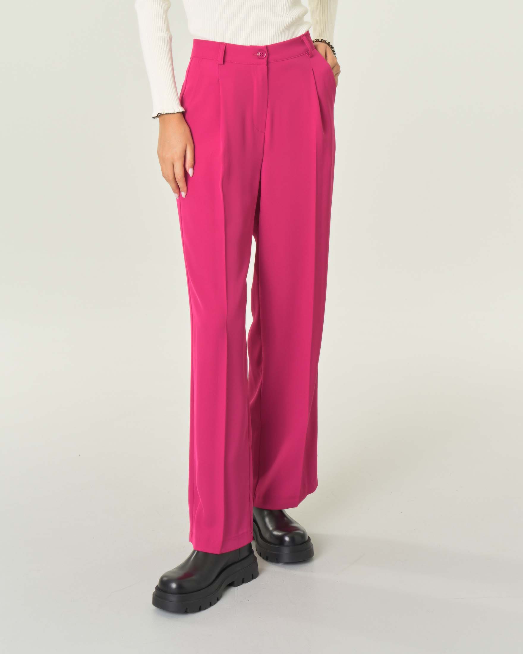 Pantaloni straight color fucsia in cady con pinces in vita image
