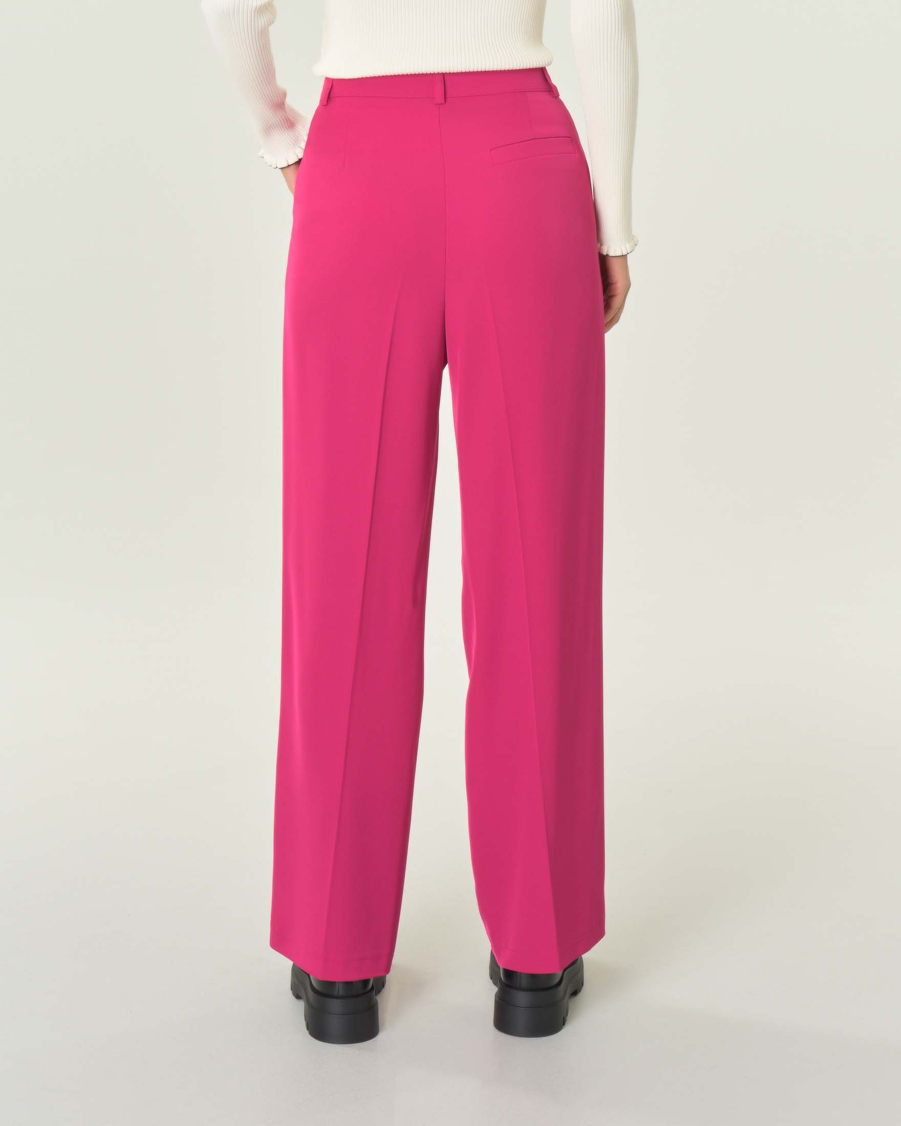 Pantaloni straight color fucsia in cady con pinces in vita