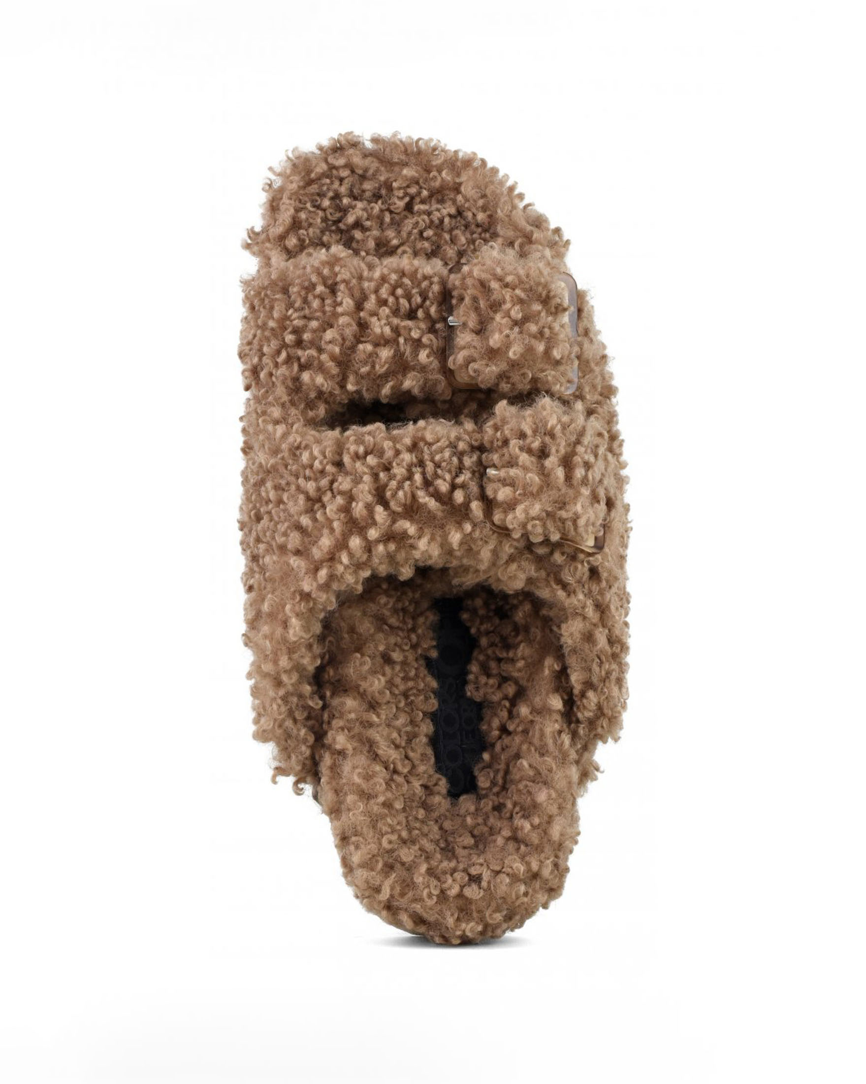 Slippers color cammello in ecopelliccia effetto shearling con doppia fascetta e fibbie trasparenti image