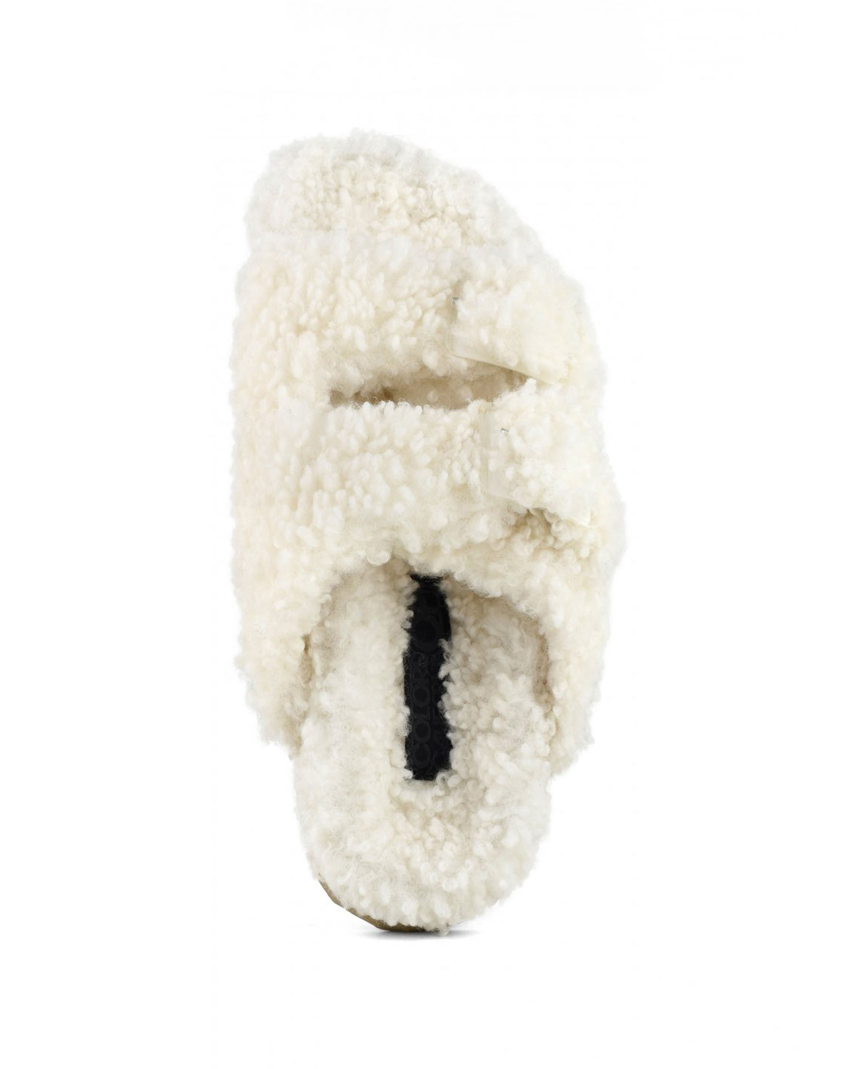 Slippers bianche in ecopelliccia effetto shearling con doppia fascetta e fibbie trasparenti