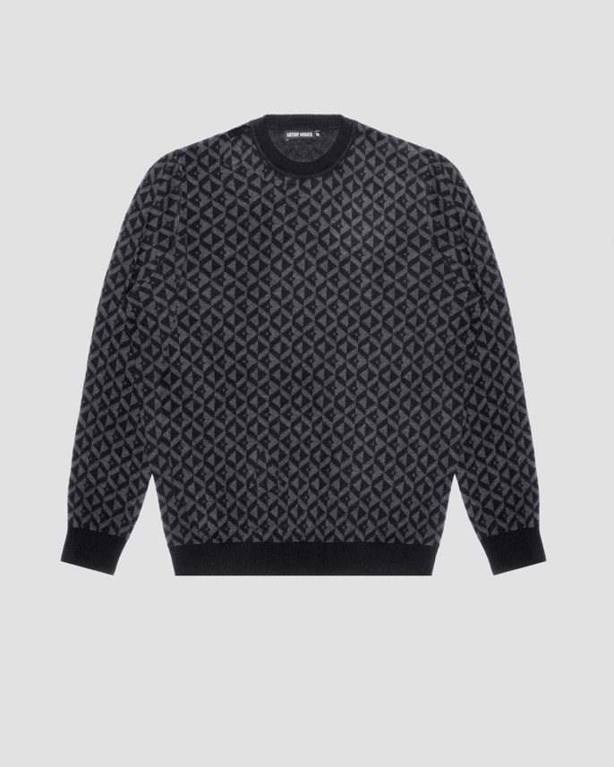 Maglia girocollo fantasia geometrica nera e grigia in misto lana merino