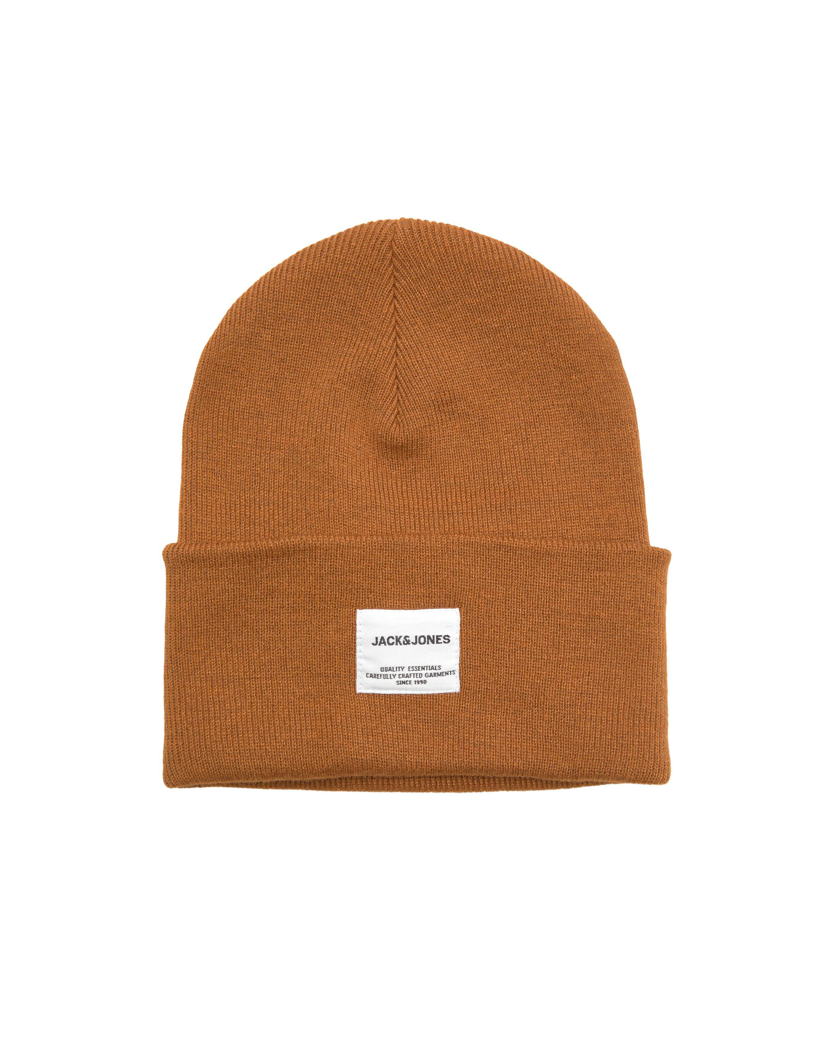 Berretto cammello in maglia con risvolto e patch porta logo ricamato