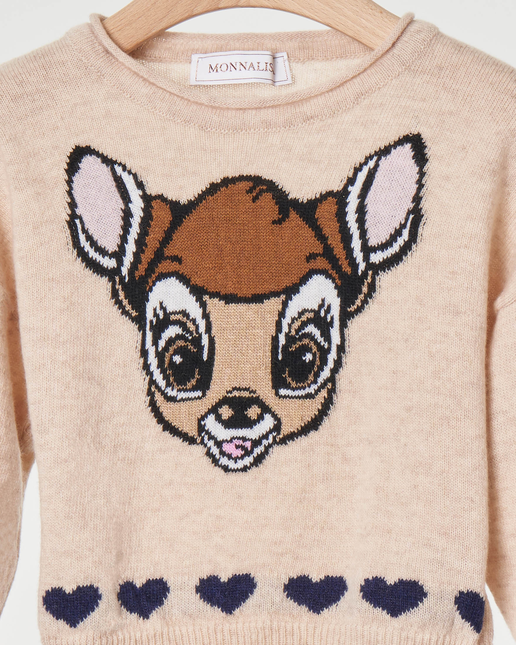 Maglioncino beige girocollo con intarsio Bambi e cuori jacquard 2-8 anni image