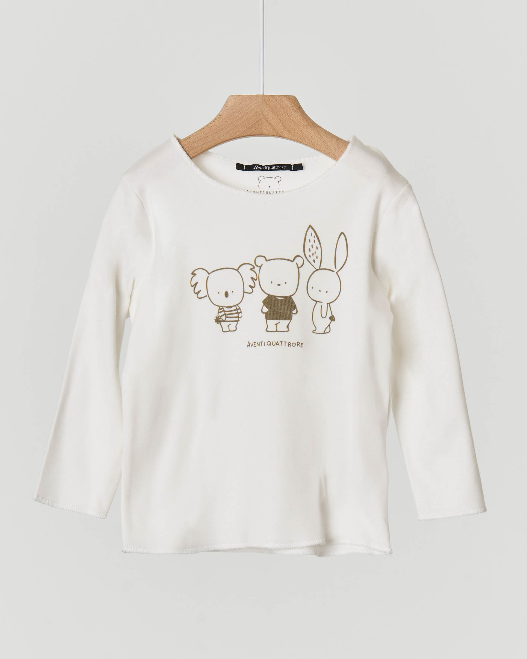 T-shirt panna manica lunga con stampa animaletti e logo 6-18 mesi