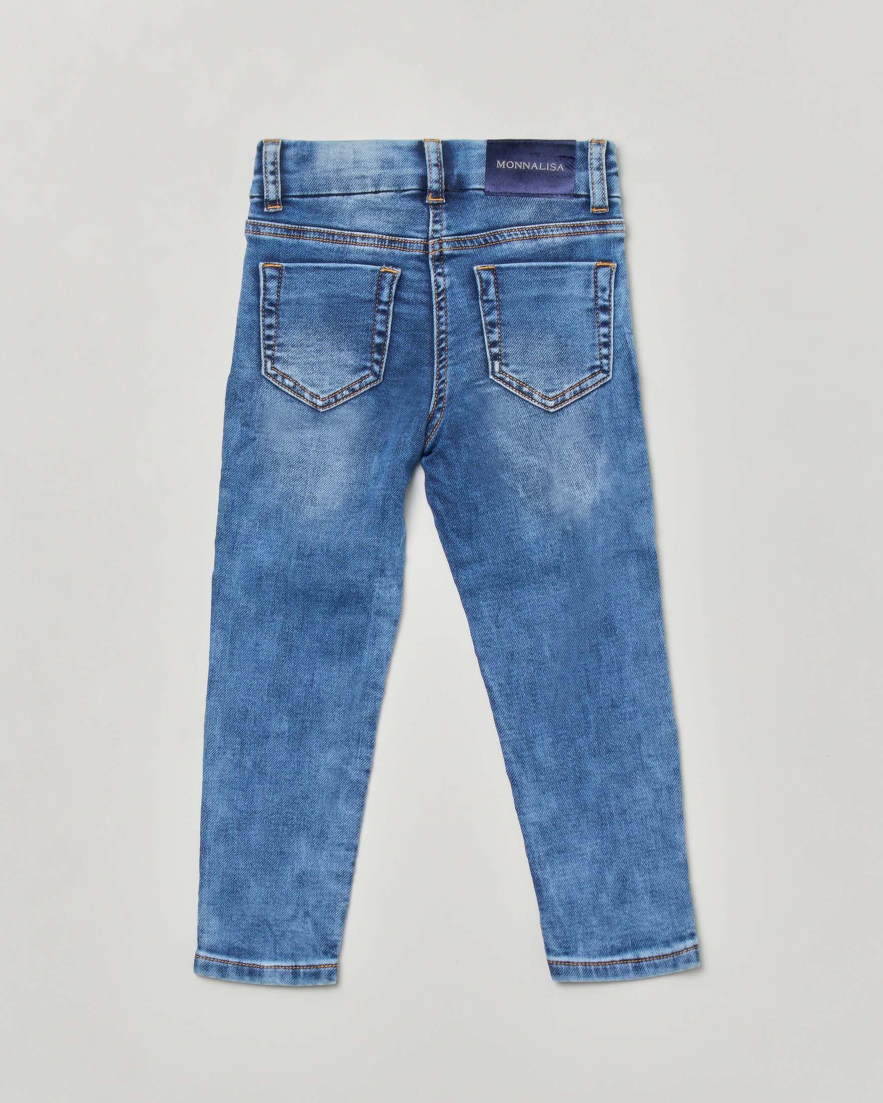 Jeans in denim di cotone stretch stone washed con patch cuori e