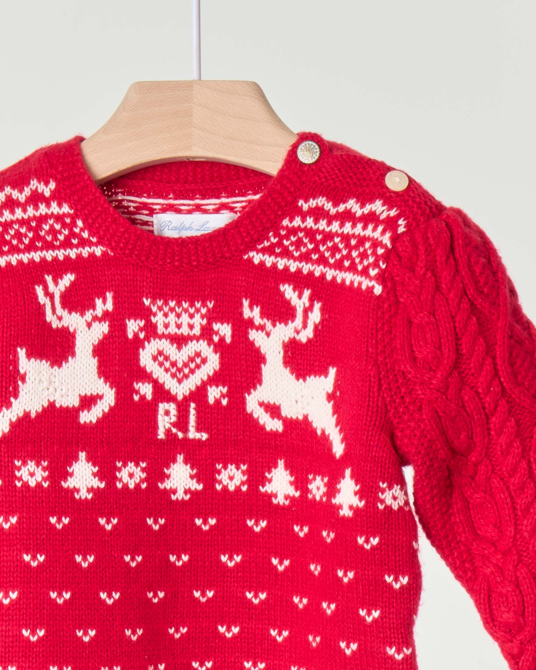 Maglia Ralph Lauren rossa in misto cotone e lana con fantasia norvegese e volants 
