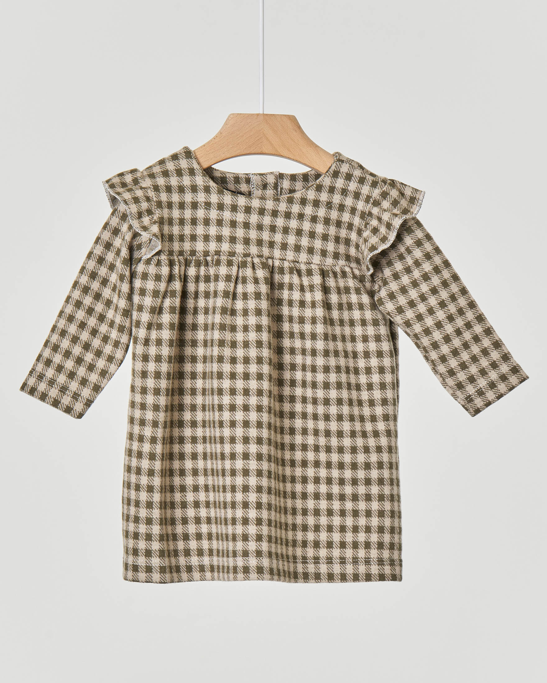 Abitino a quadretti verdi militare e beige con rouches 9-18 mesi