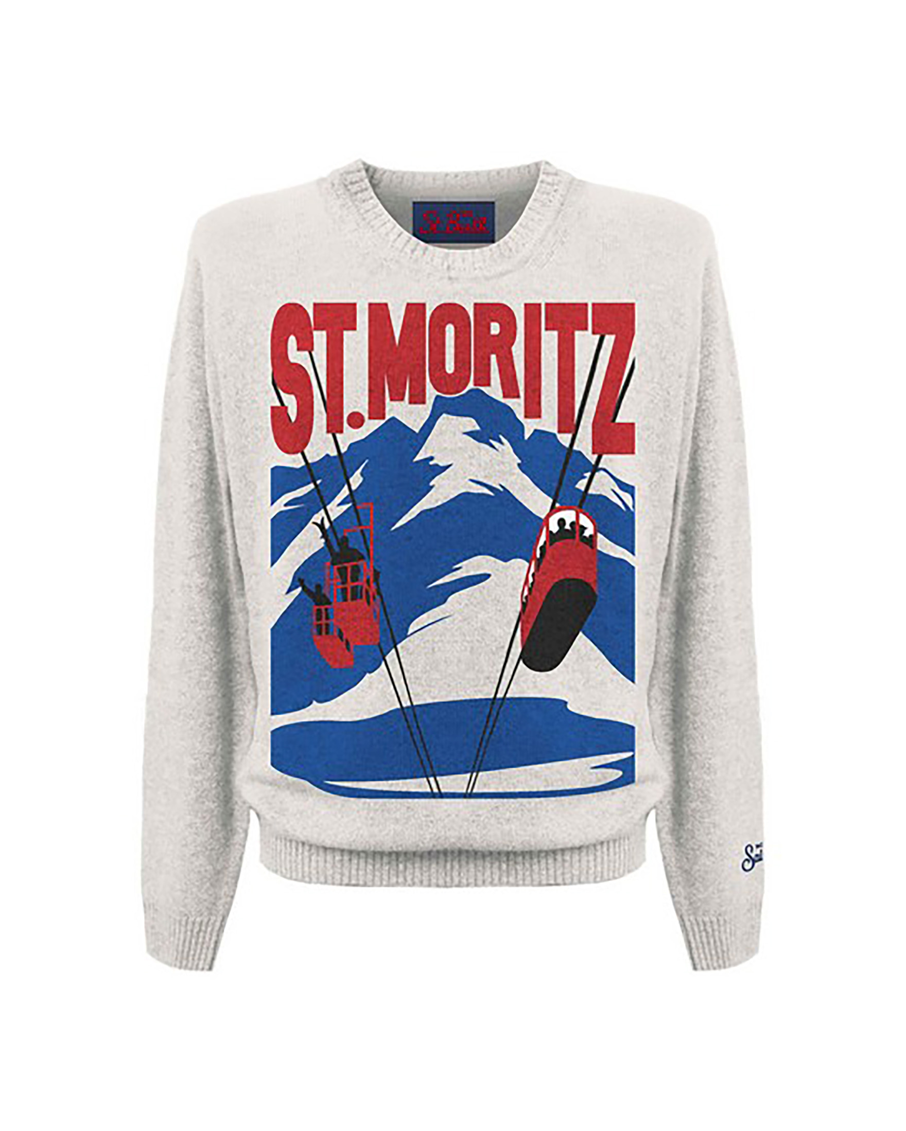 Maglia bianca con grafica St.Moritz con montagne e funivia