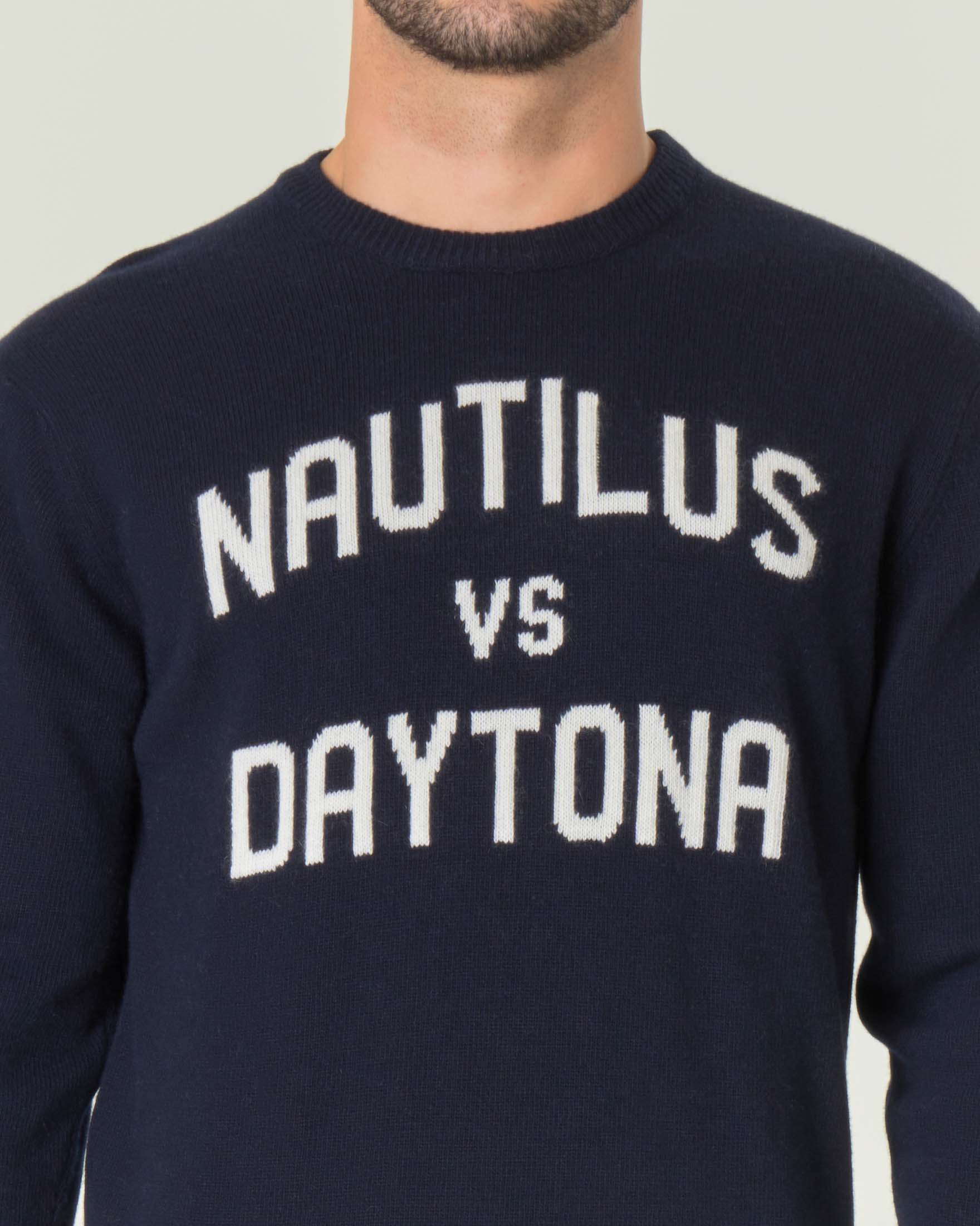 Maglione blu girocollo in misto lana e cachemire con scritta jacquard