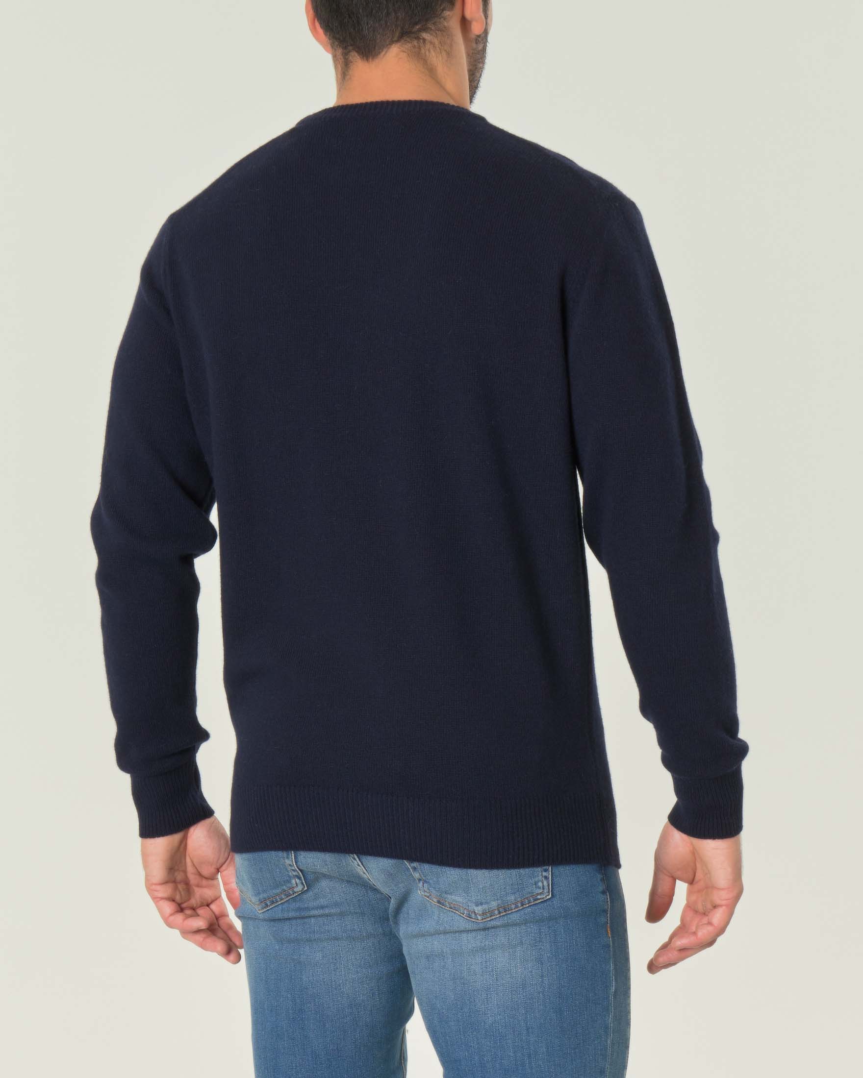 Maglione blu girocollo in misto lana e cachemire con scritta jacquard