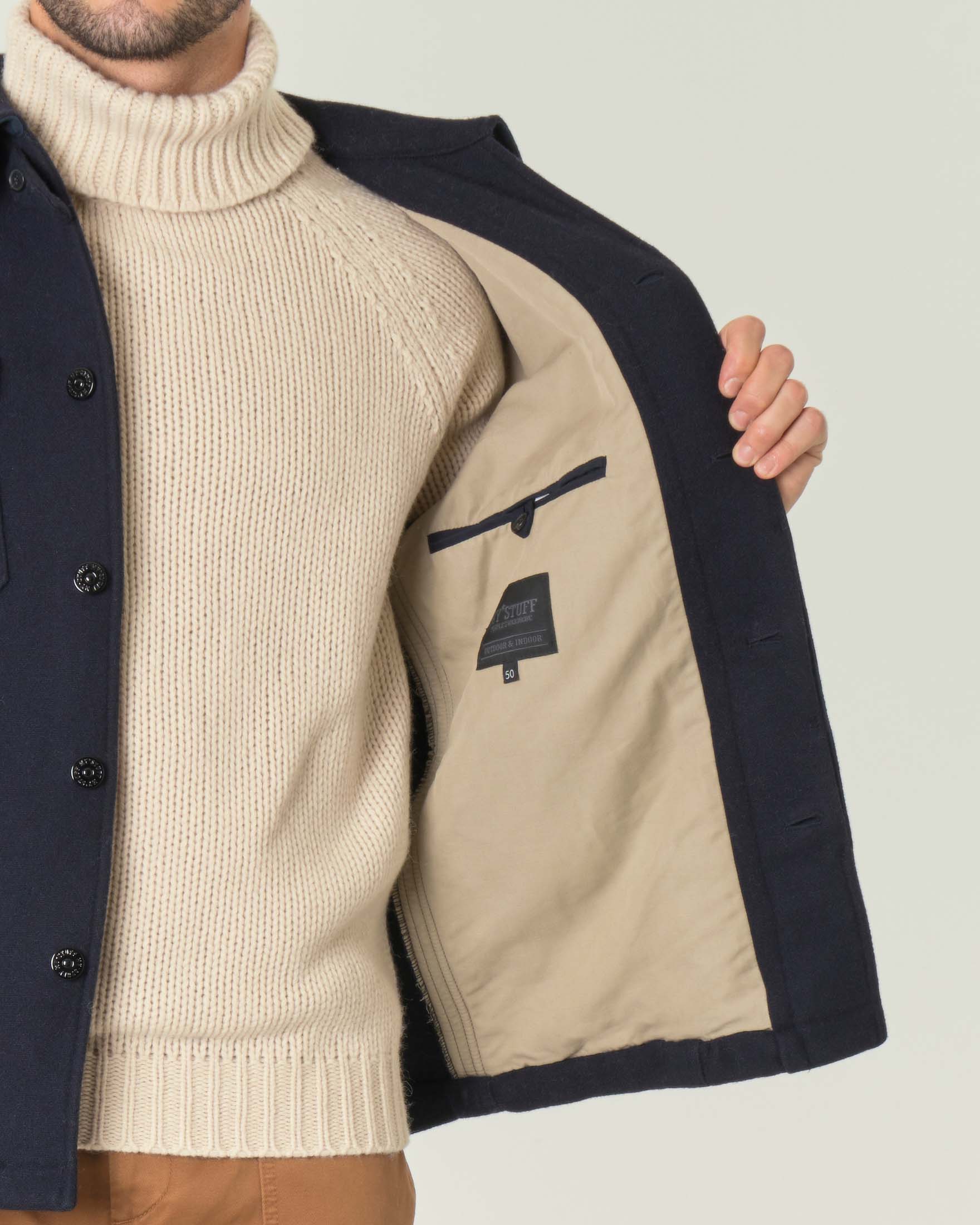 Field jacket blu in lana con chiusura a bottoni