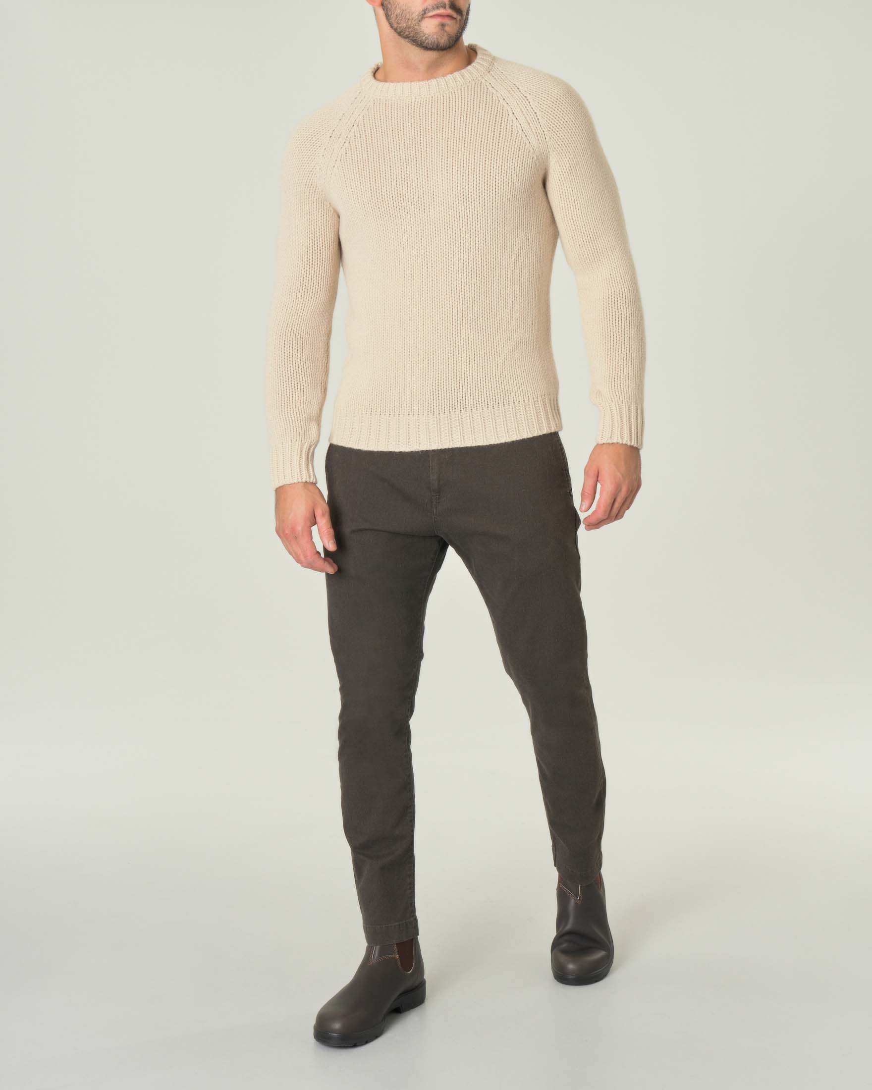 Maglione avorio girocollo in lana con manica raglan