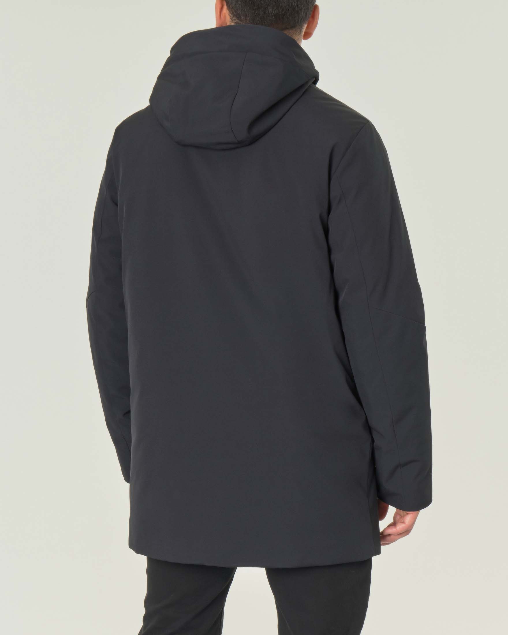 Parka nero in tessuto tecnico stretch con eco imbottitura DuPont Sorona