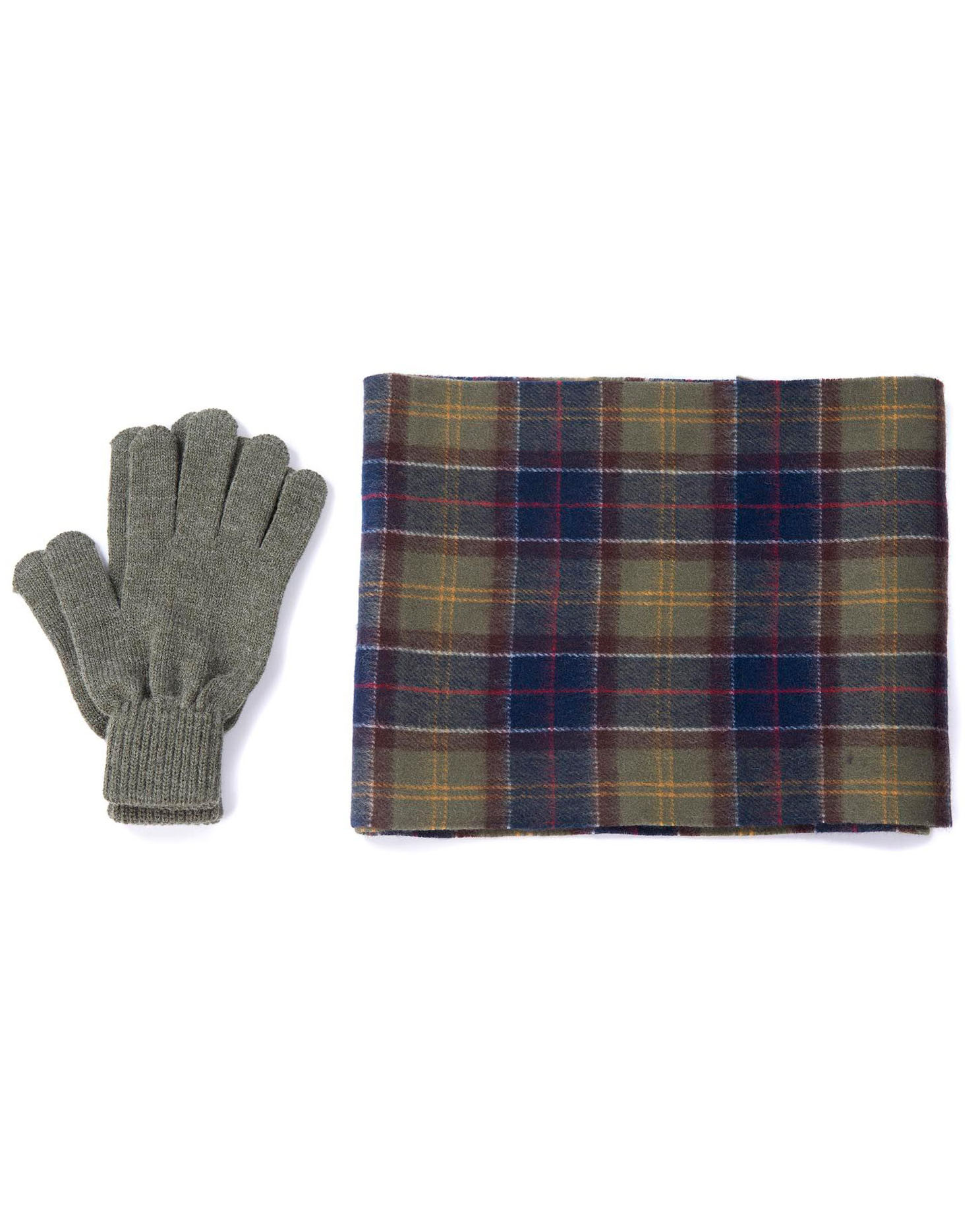 Cofanetto idea regalo Barbour composto da sciarpa tartan check blu e verde e guanto verde chiaro