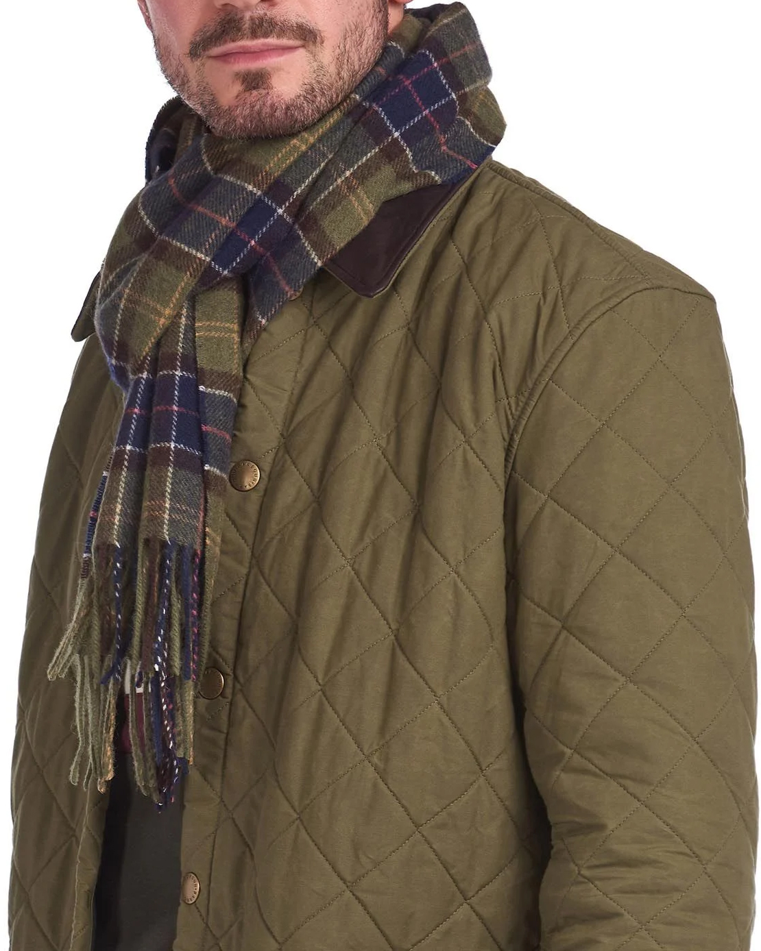 Sciarpa Barbour in tartan check verde militare e blu in pura lana