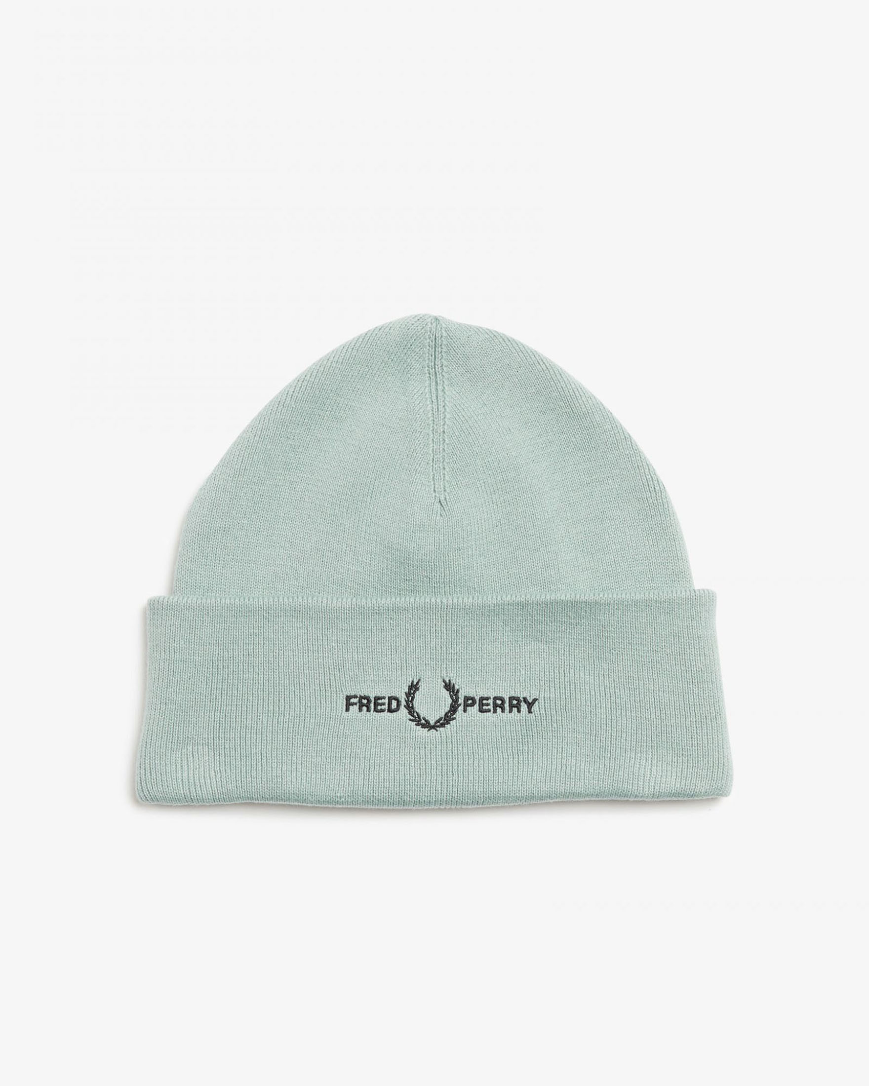 Berretto Fred Perry verde acqua in misto lana e cotone con risvolto e logo ricamato
