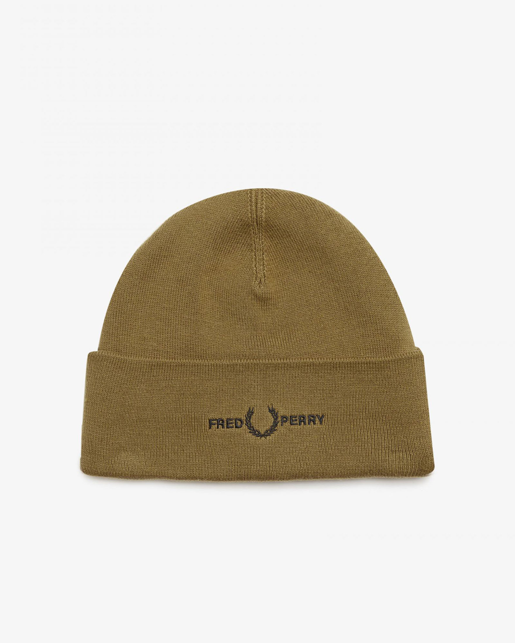 Berretto Fred Perry color caramello in misto lana e cotone con risvolto e logo ricamato