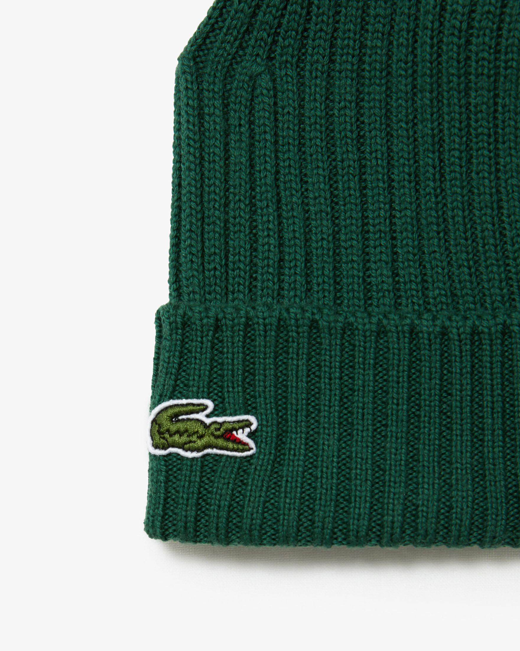 Berretto Lacoste verde in lana a coste con logo coccodrillo verde