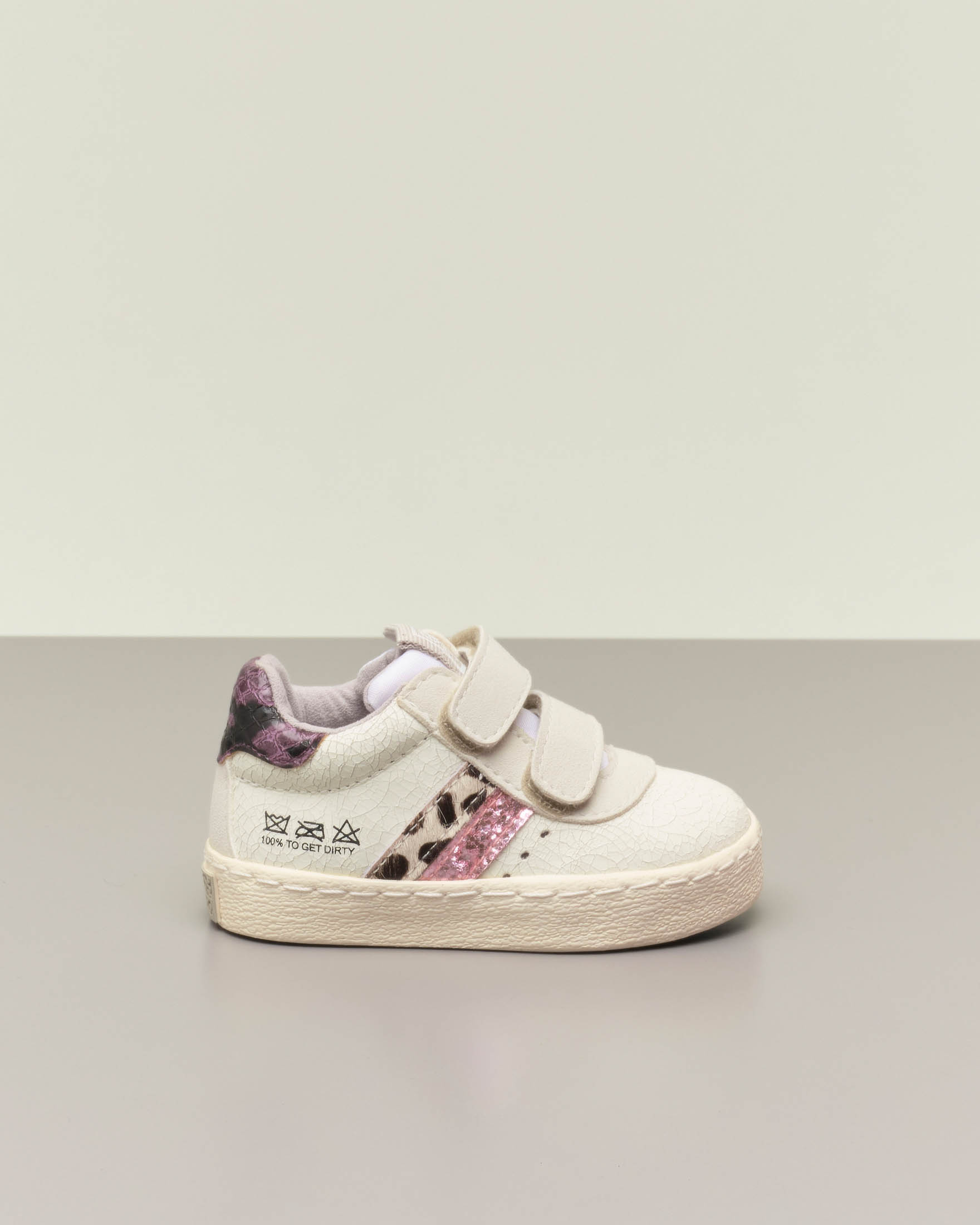 Sneakers bianca in pelle craklè con dettagli animalier e chiusura a strappo 20-25