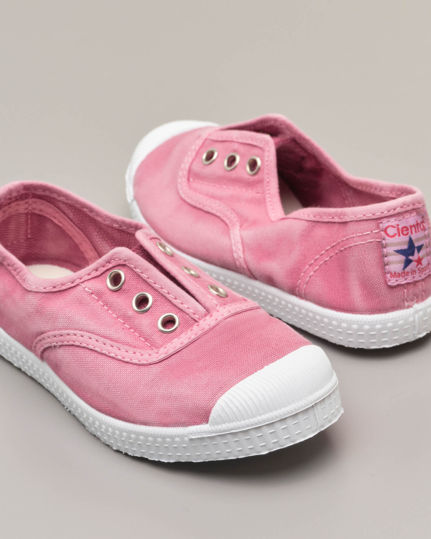 Sneakers rosa senza lacci in canvas di cotone effetto stone washed 24-27