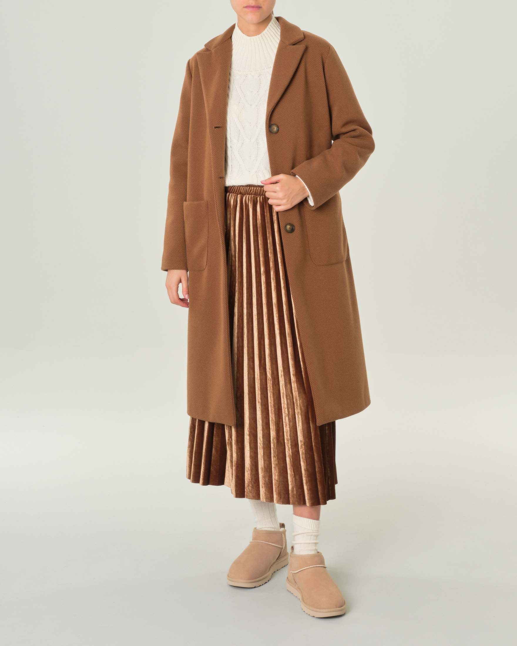 Cappotto cammello lungo in tessuto diagonale di misto lana dal