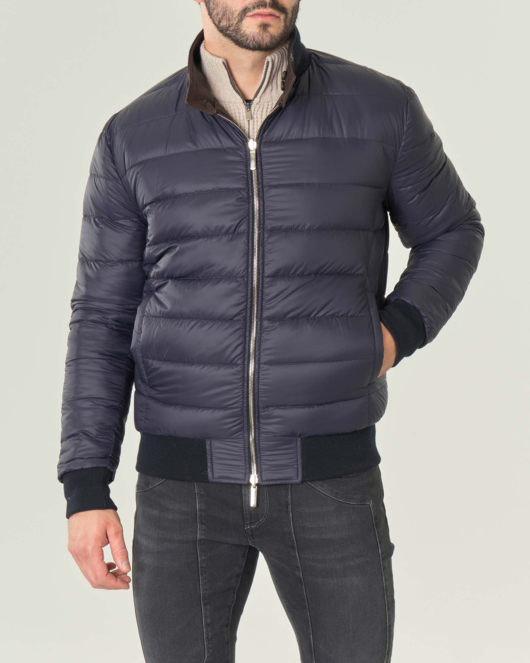 Bomber in pelle testa di moro reversibile in piumino blu