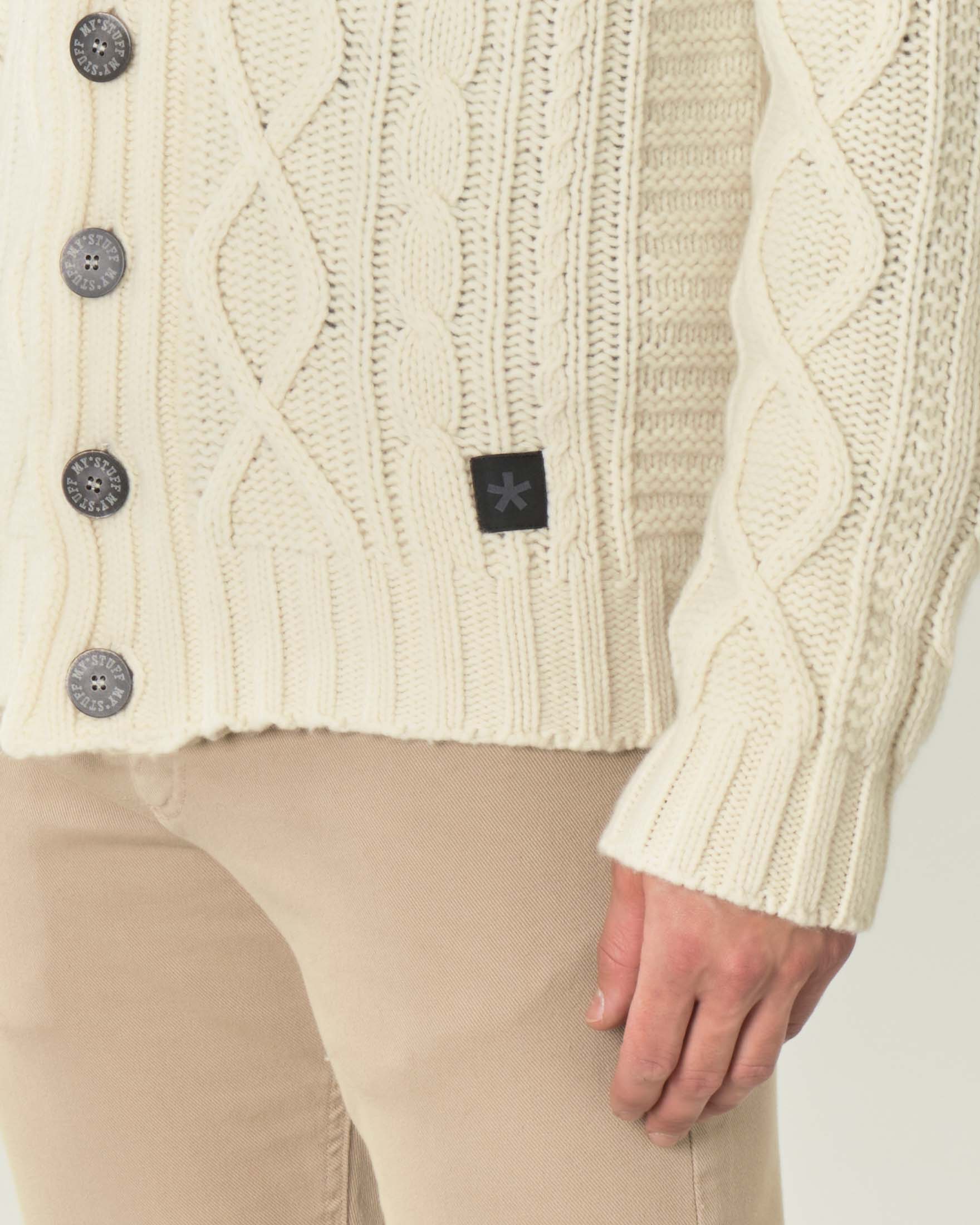 Maglione cardigan avorio in lana lavorato a trecce image
