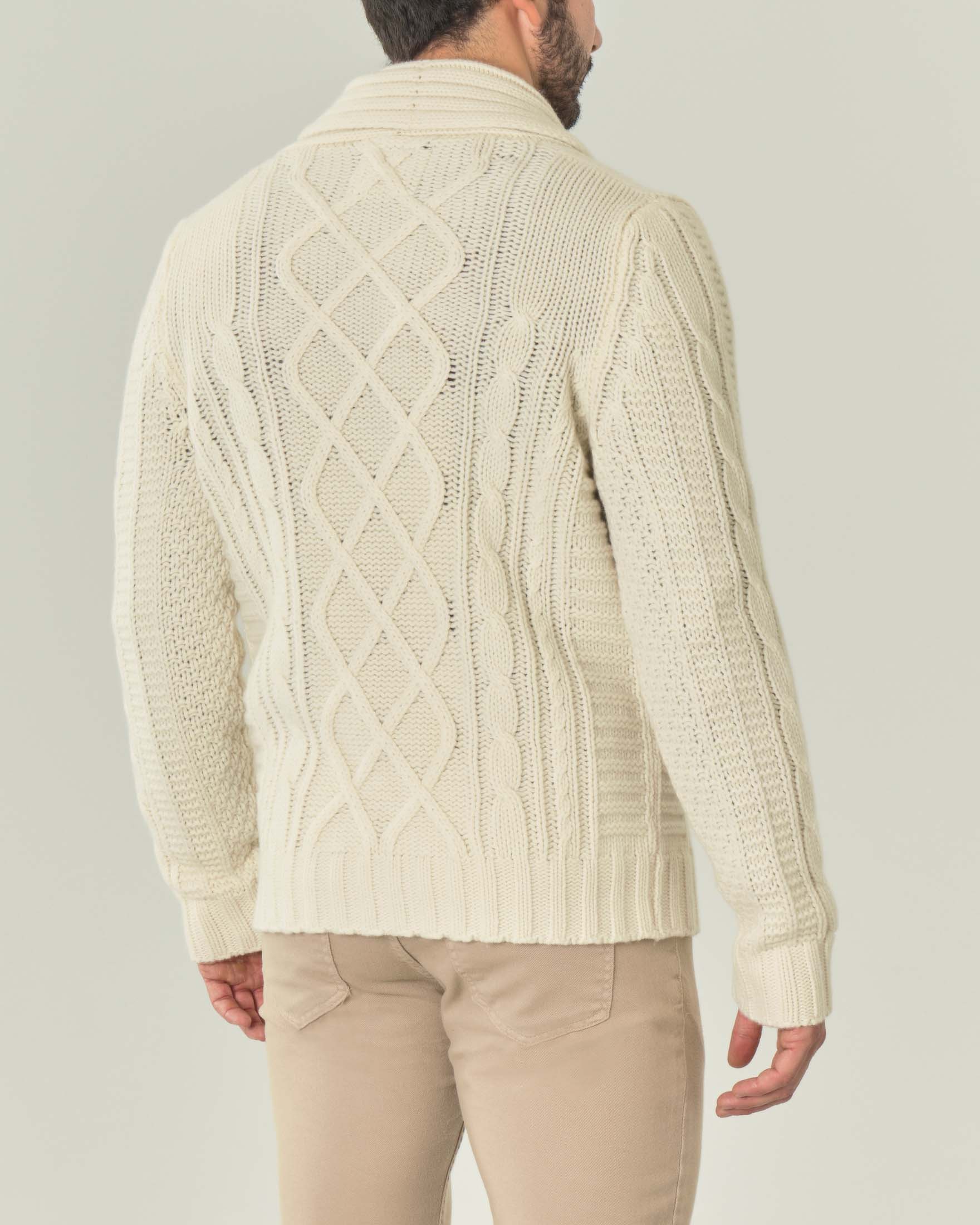 Maglione cardigan avorio in lana lavorato a trecce