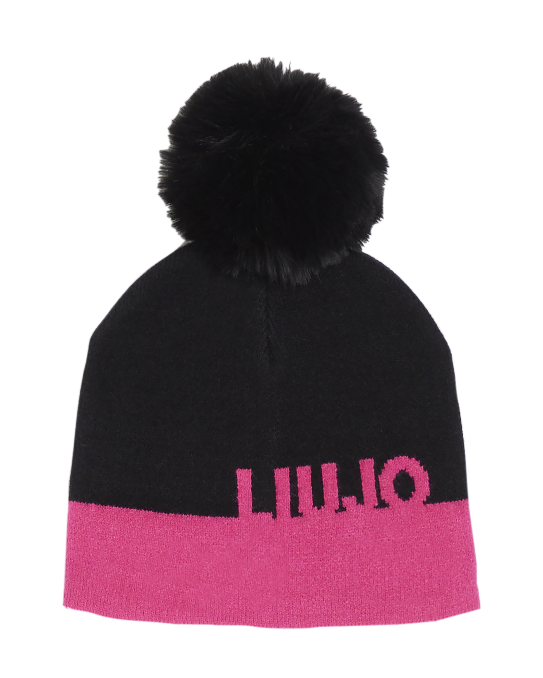 Berretto nero con fascia fucsia e pompon S-L