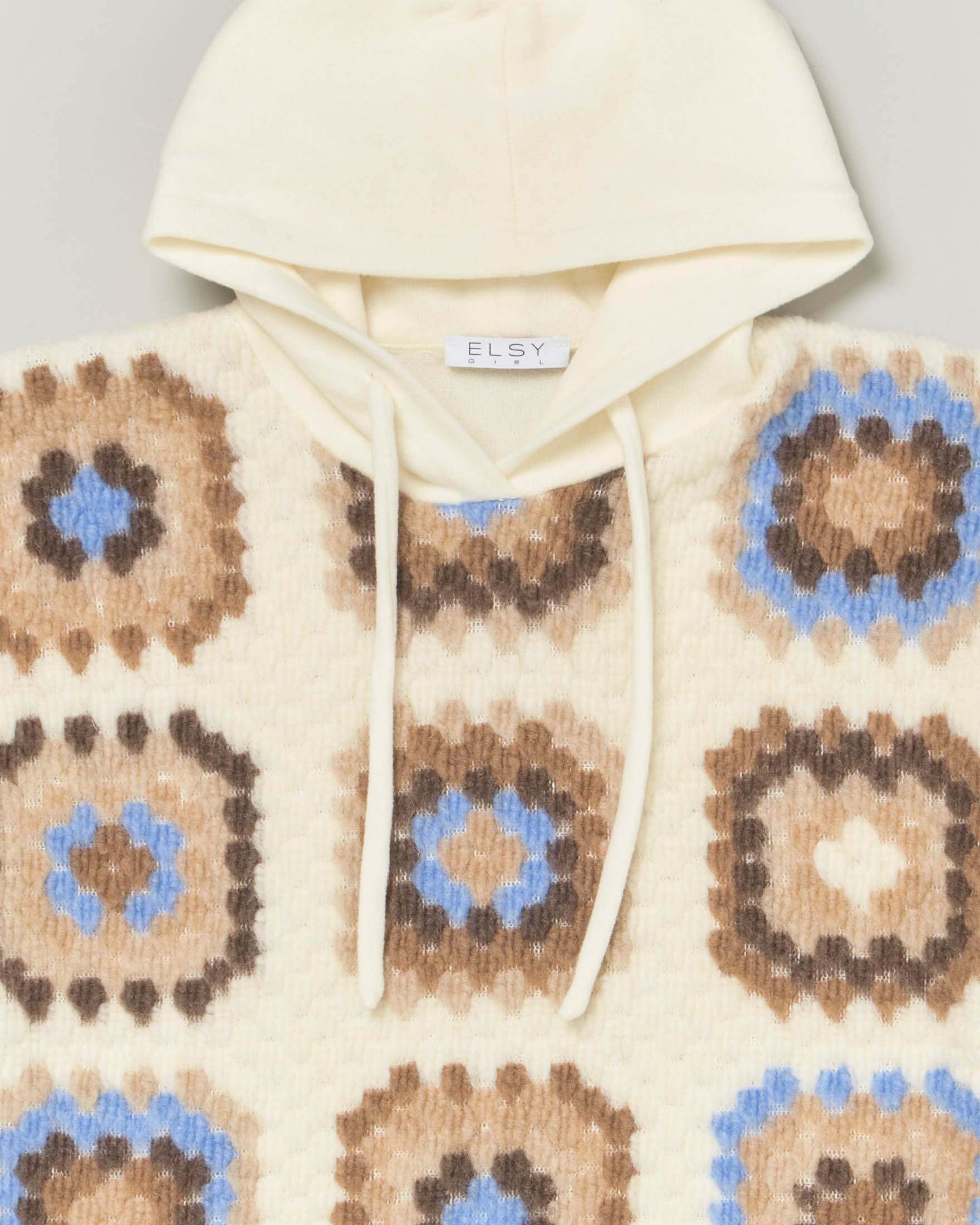 Felpa panna con cappuccio e inserto in maglia crochet con frange davanti 36-38 image