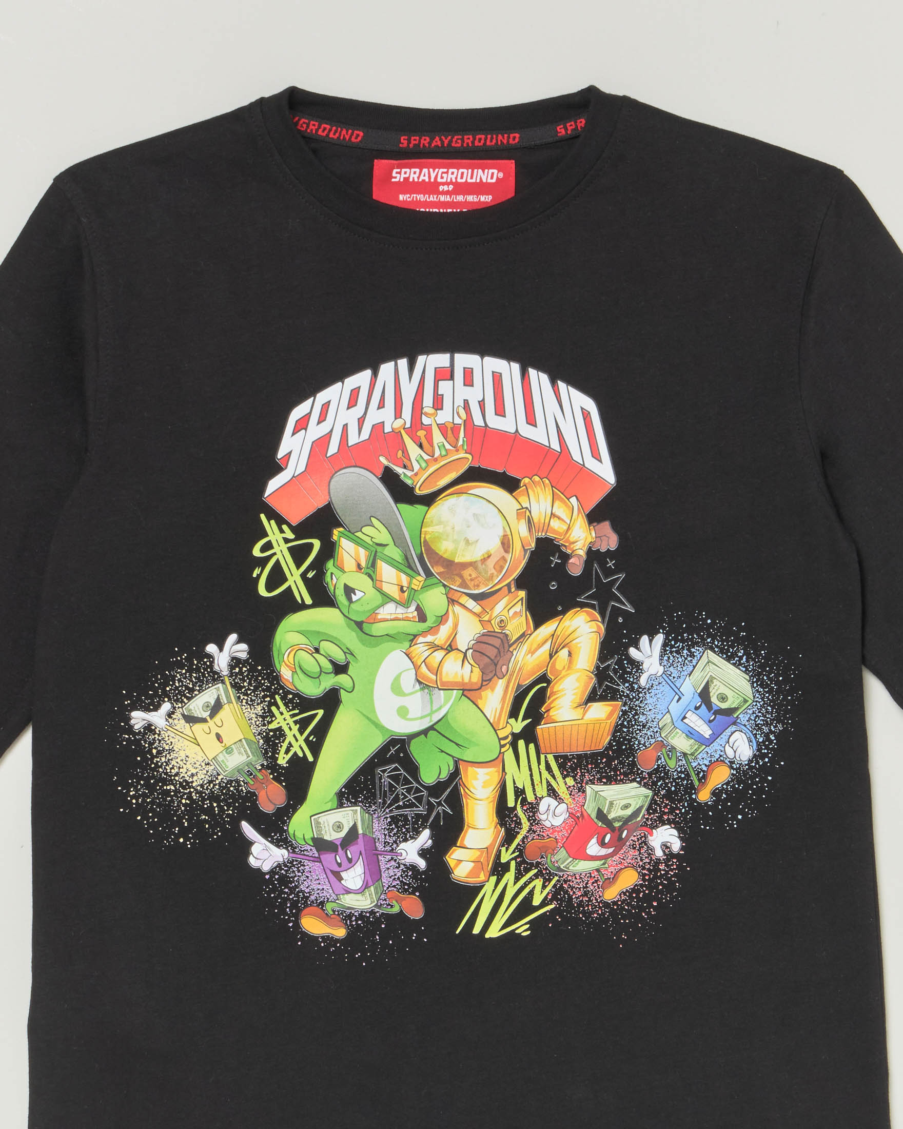 T-shirt nera a manica lunga con stampa grafica astroman e banconote 10-16 anni image