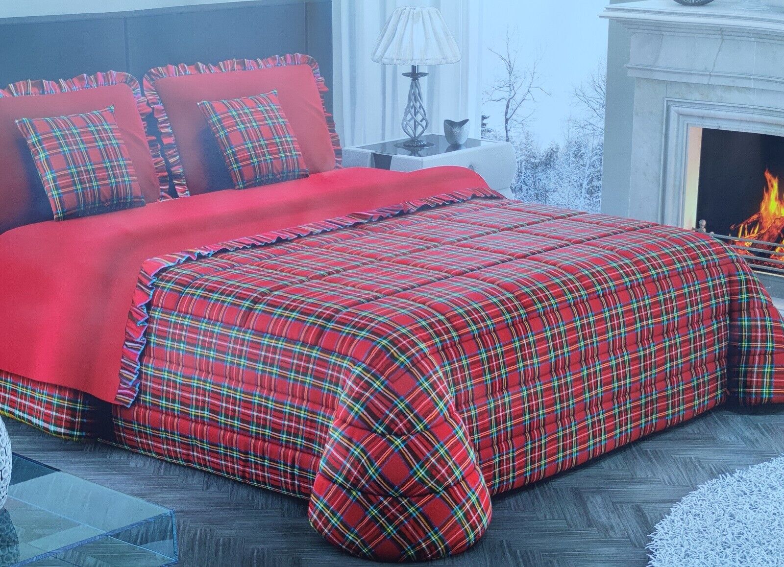 Trapunta PIUMONE Invernale Matrimoniale Velvet Velluto Scozzese Tartan  Rosso Natale