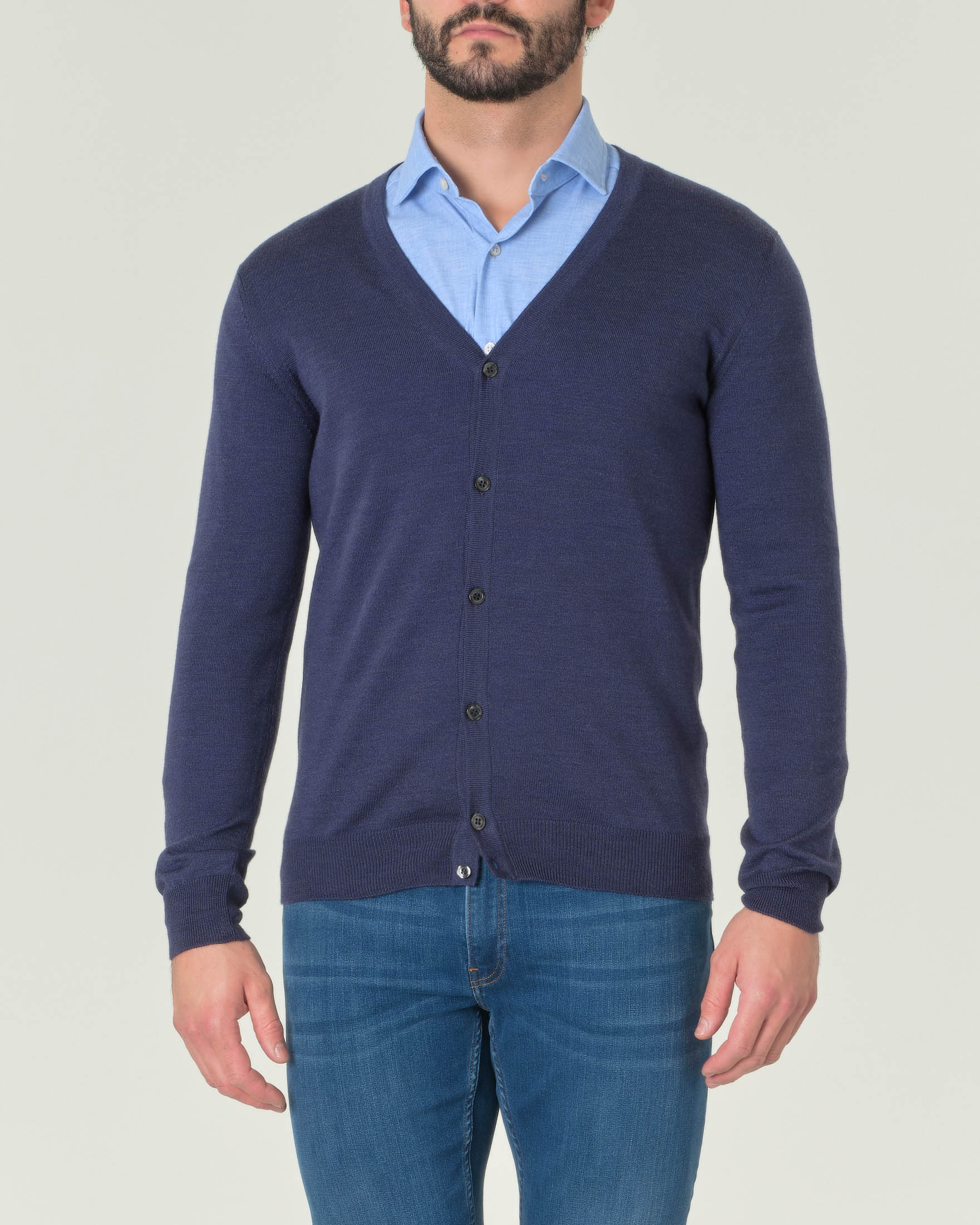 Cardigan Pellizzari blu melange in pura lana merino con chiusura a bottoni