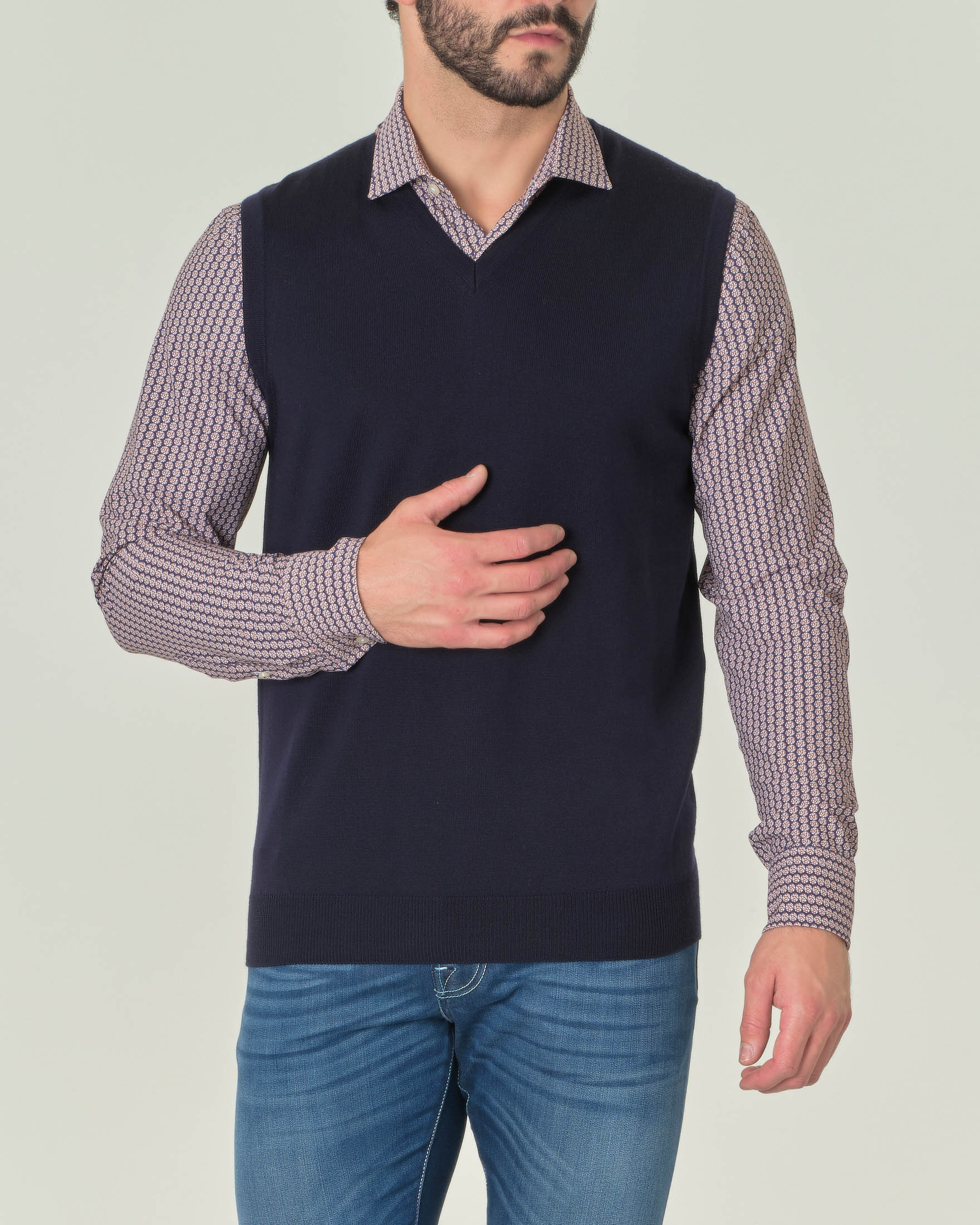 Gilet Pellizzari blu navy in pura lana merino con scollo a V