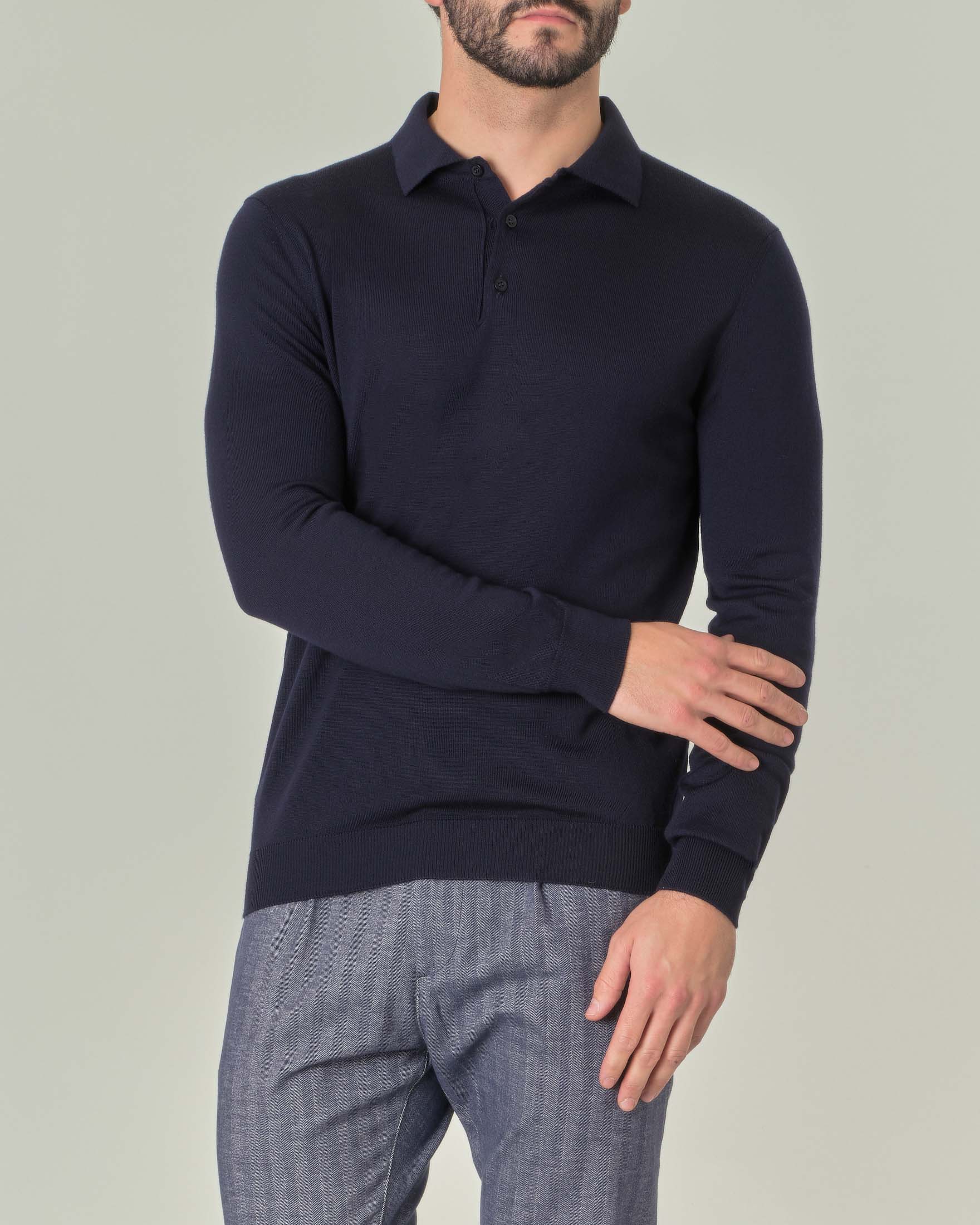Polo Pellizzari blu navy in maglia di lana merino