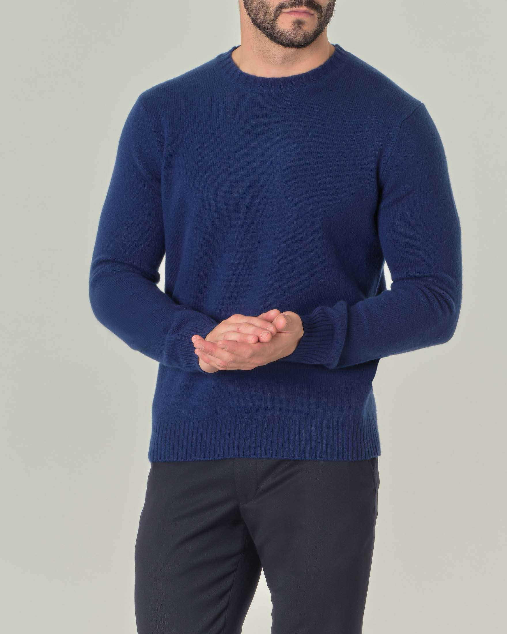 Maglia girocollo color indaco in misto lana e cachemire finezza 7