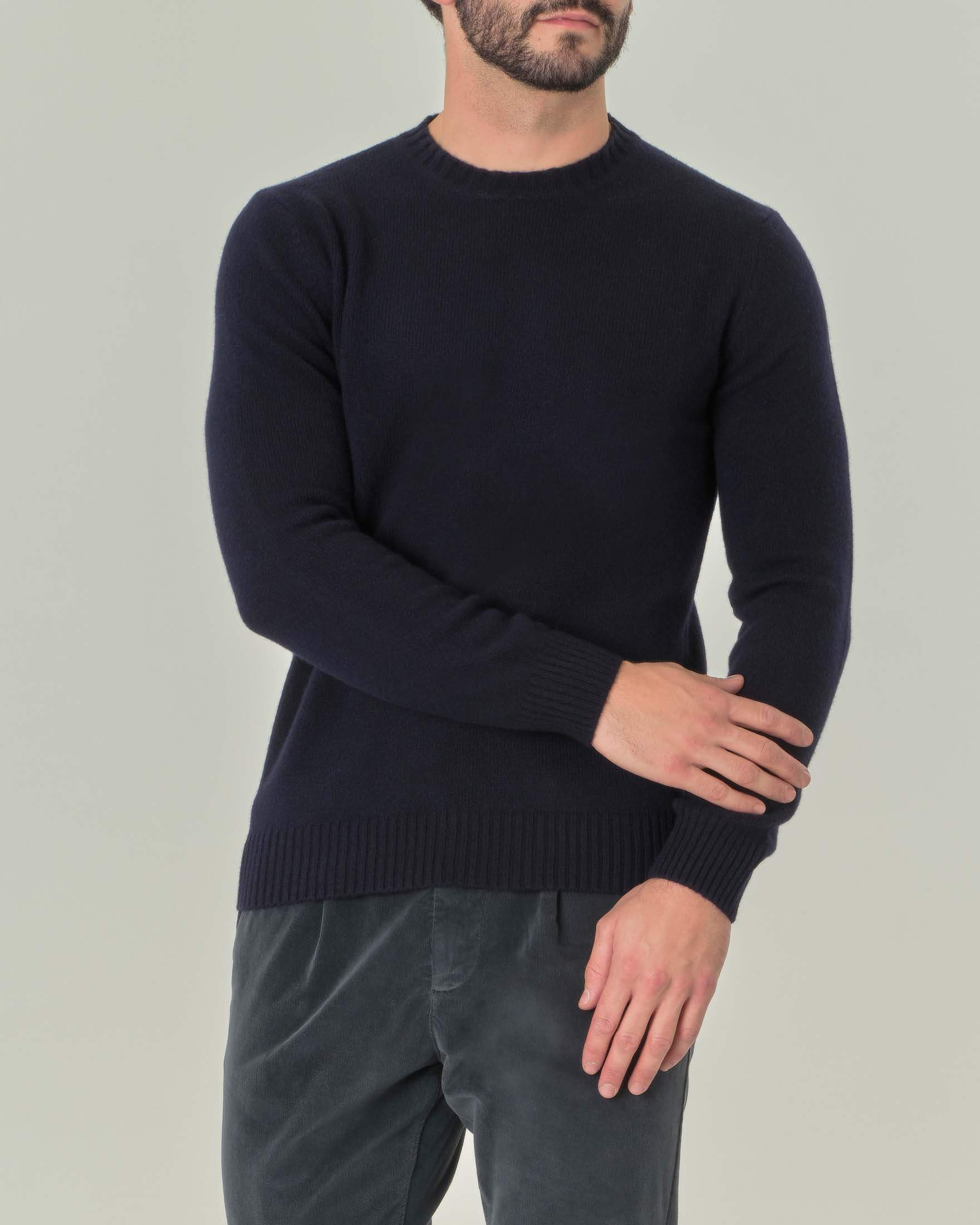 Maglia girocollo blu navy in misto lana e cachemire finezza 7