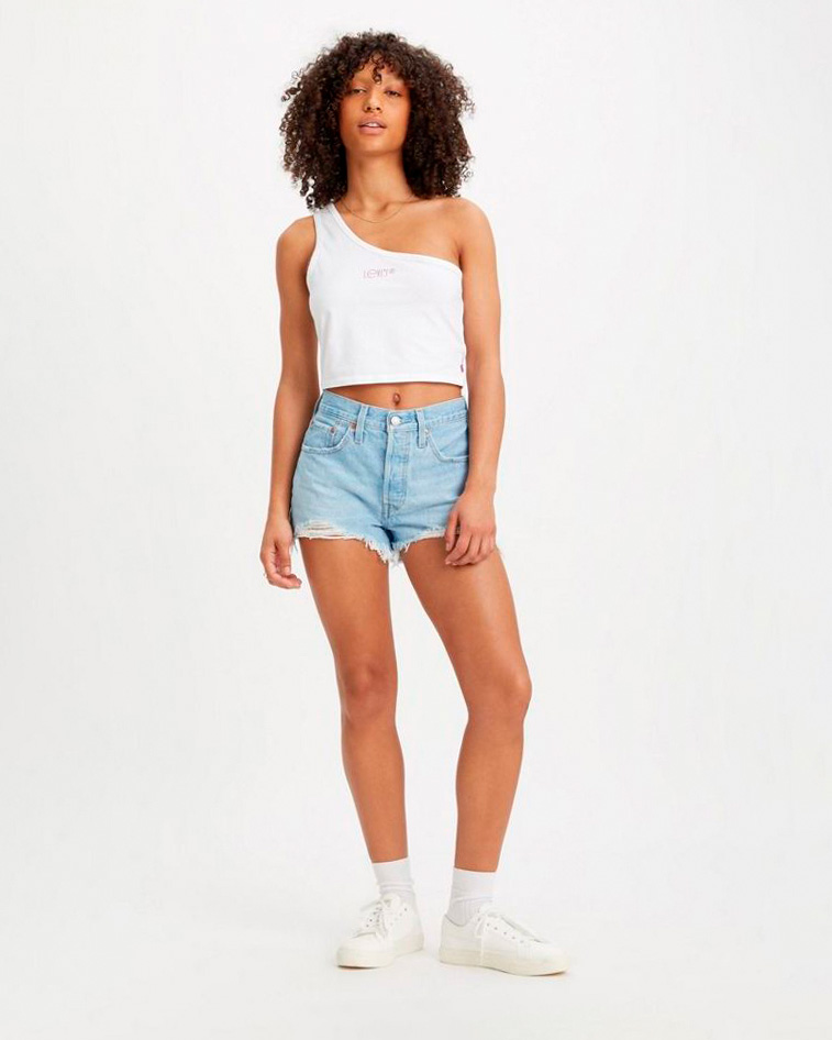 Shorts azzurri modello 501 in puro cotone lavaggio chiaro bleached con taglio a vivo