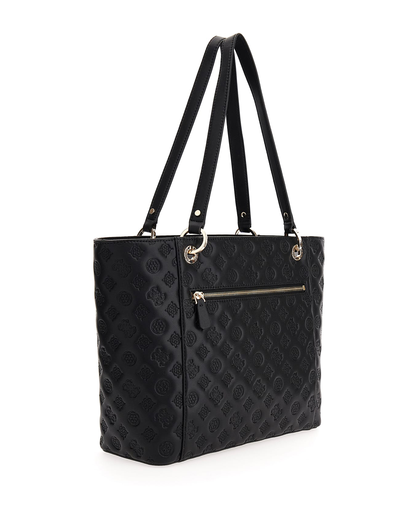 Shopping bag nera con logo serigrafato all over e porta staccabile