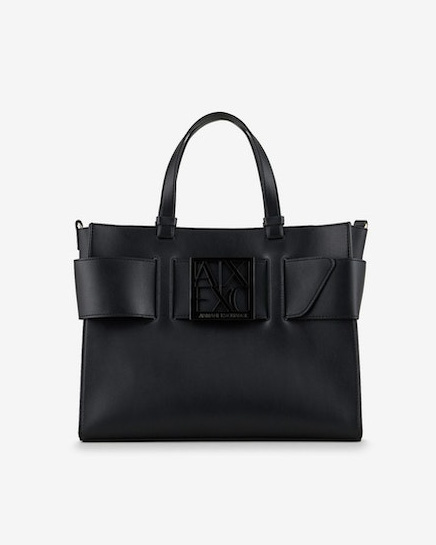 Borsa a mano in similpelle nera con maxi fibbia a specchio tono su tono con scritta logo