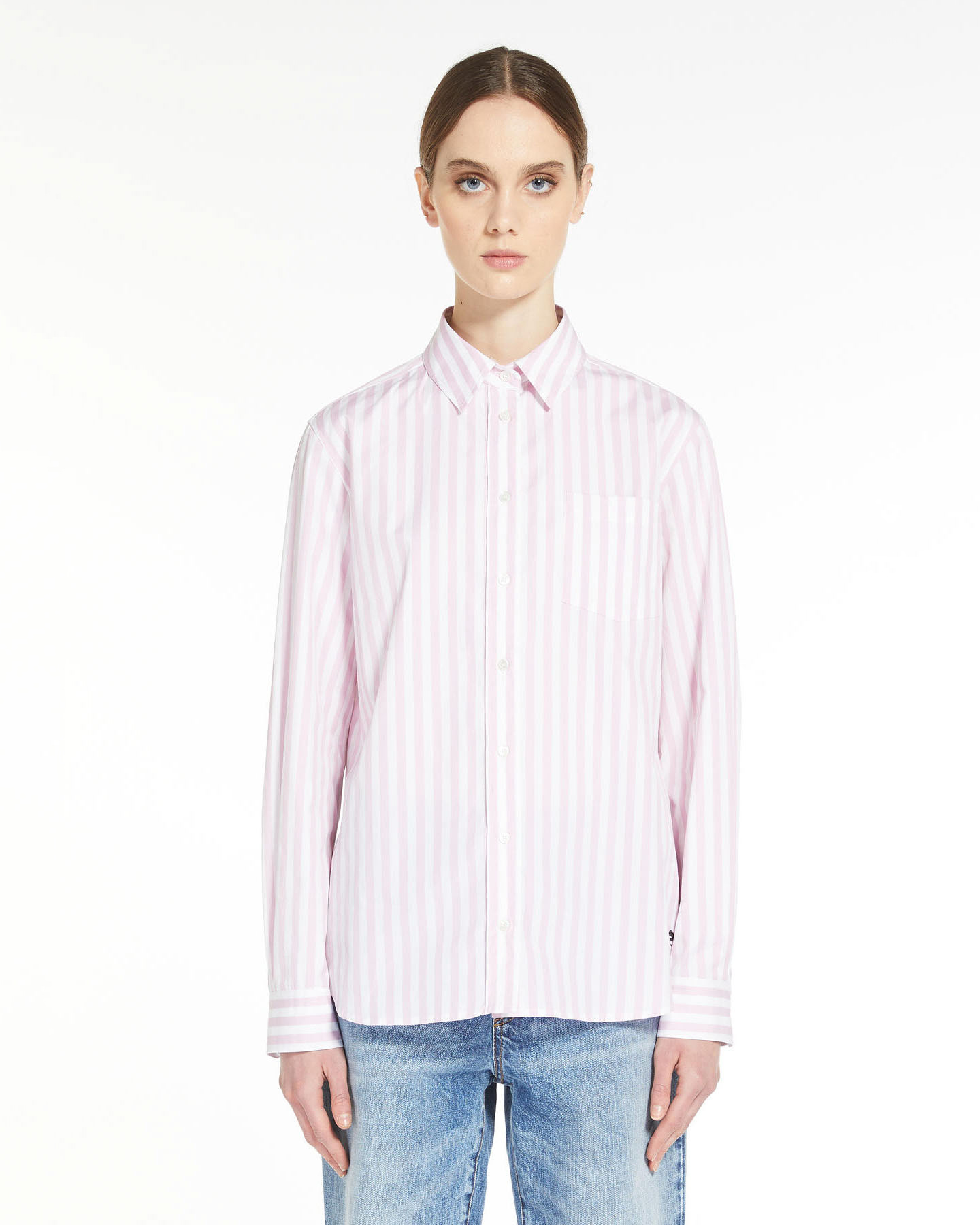 Camicia a righe bianche e rosa in popeline puro di cotone con