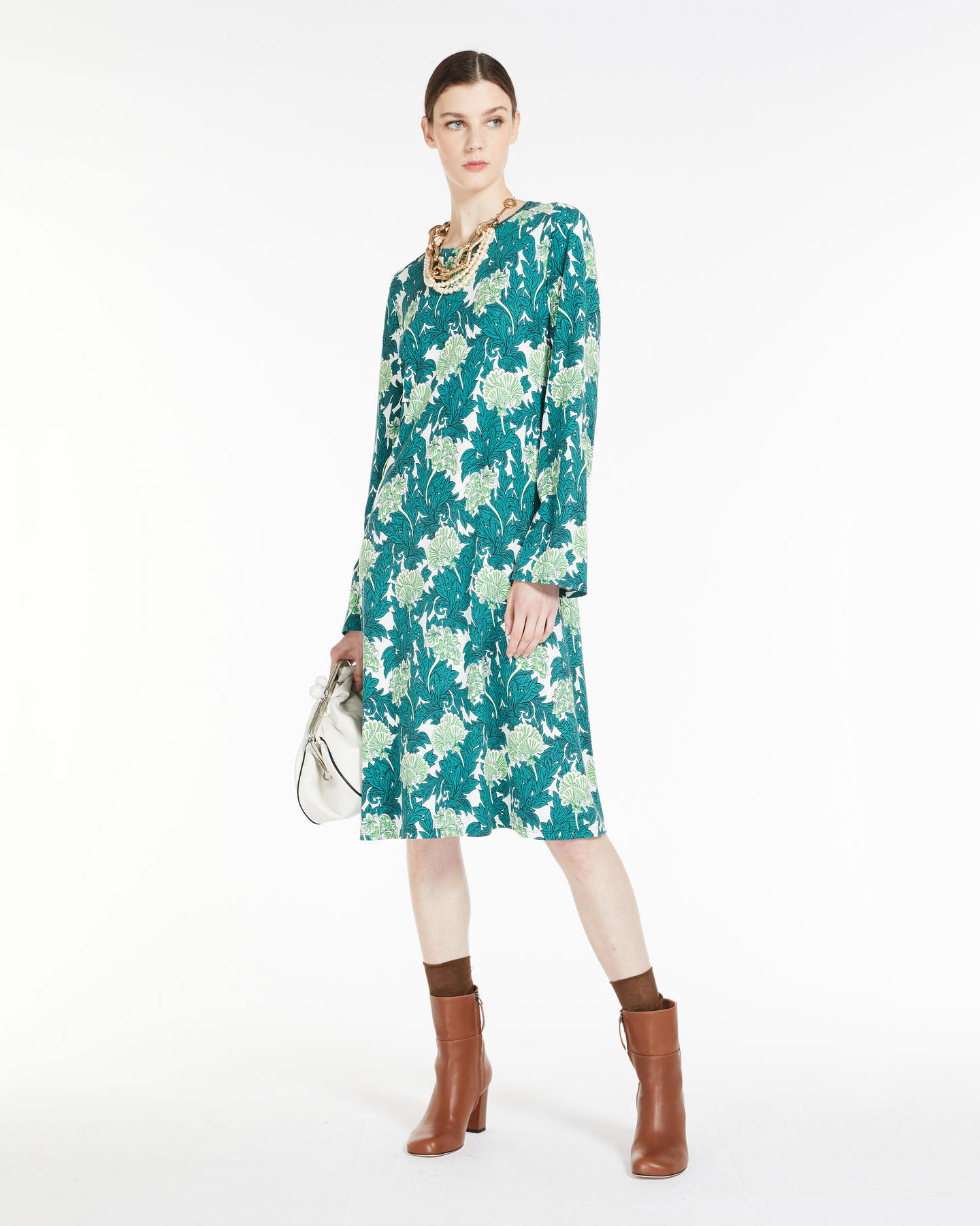 Abito midi a tunica in jersey di misto viscosa stretch a fantasia ramage bianco e verde con cintura in vita image