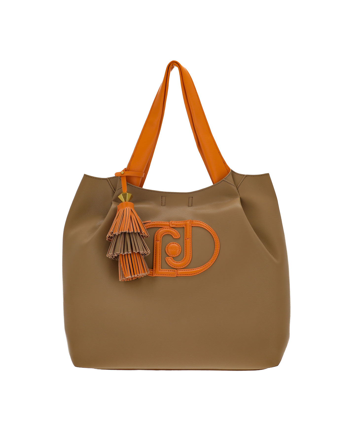 Borsa a mano beige misura grande in similpelle martellato con maxi logo  frontale a rilievo color arancio con dettaglio a nappina